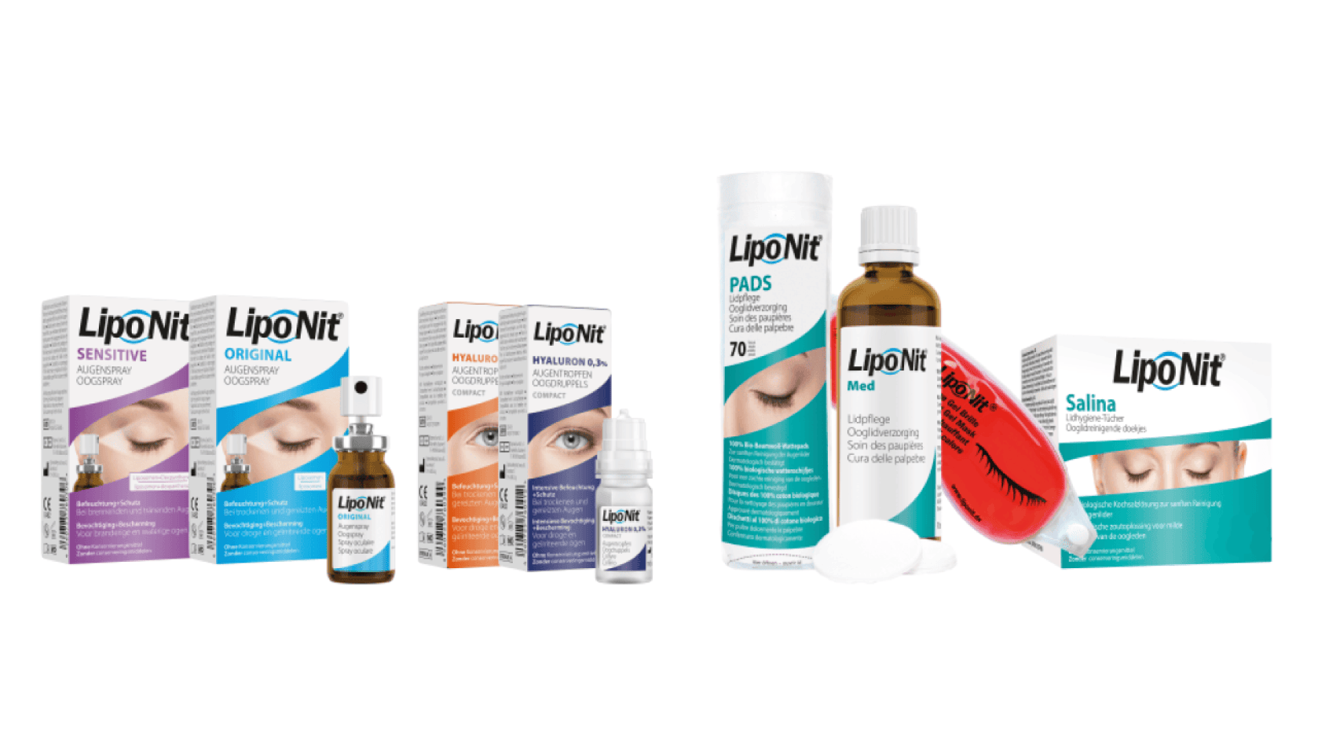 A variety of LipoNit eye care products, including sprays, drops, wipes, and saline solution, arranged in a row with their packaging, all displaying the brand name and images of eyes.