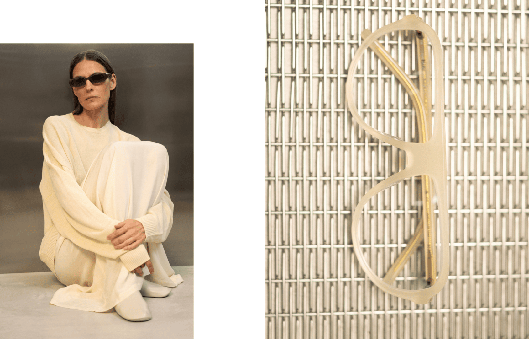 A woman in cream-colored clothing and dark sunglasses sits against a wall; next to her, a pair of cream-colored eyeglass frames rest on a metallic grid background.