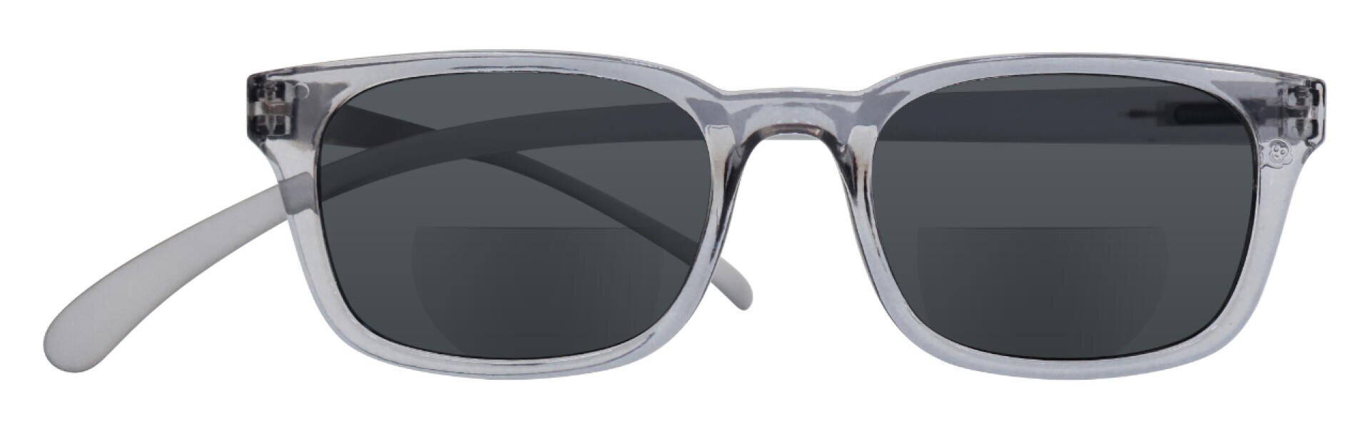 Clear-framed sunglasses with dark rectangular lenses and slightly curved white arms, displayed against a white background.