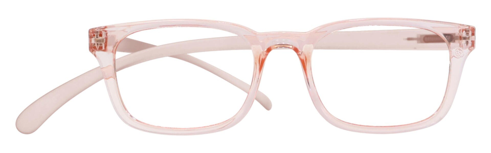A pair of rectangular eyeglasses with transparent pale pink frames and matching temples, shown from the front with one temple arm folded.