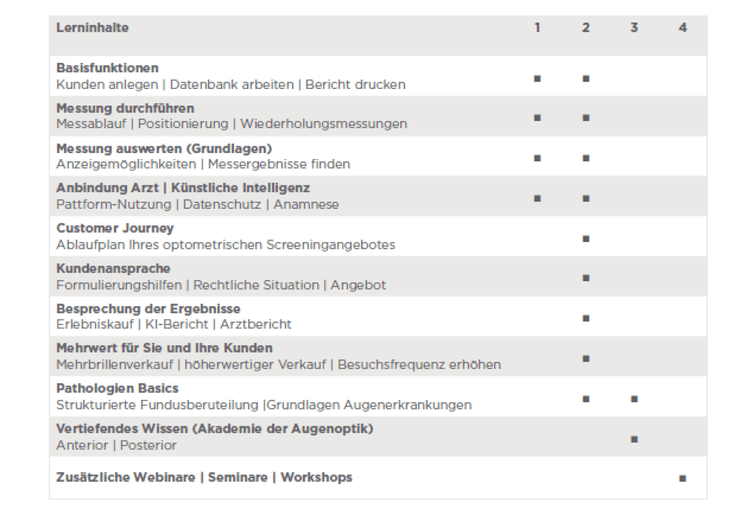 Eine Tabelle mit Lerninhalten in Zeilen und vier nummerierten Spalten, die Module oder Levels anzeigen. Punkte markieren die Themen, die in den einzelnen Modulen behandelt werden. Zu den Themen gehören KI, Customer Journey und Webinare.