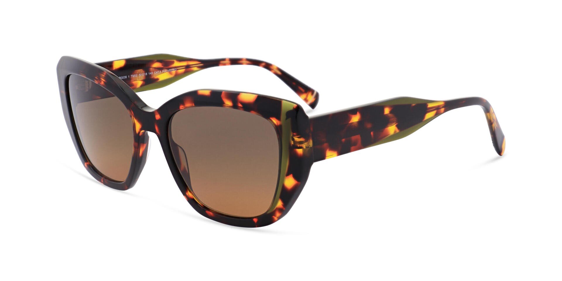 Sunglasses with tortoiseshell pattern, thick, angular frame and brown gradient lenses, shown in a three-quarter angle on a white background.