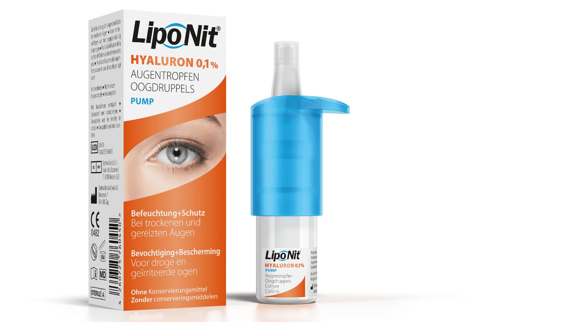 Eine Schachtel und eine Flasche LipoNit Hyaluron 0,1% Augentropfen für trockene und gereizte Augen mit der Abbildung eines Auges auf der Schachtel und Produktinformationen in deutscher Sprache auf beiden Produkten.