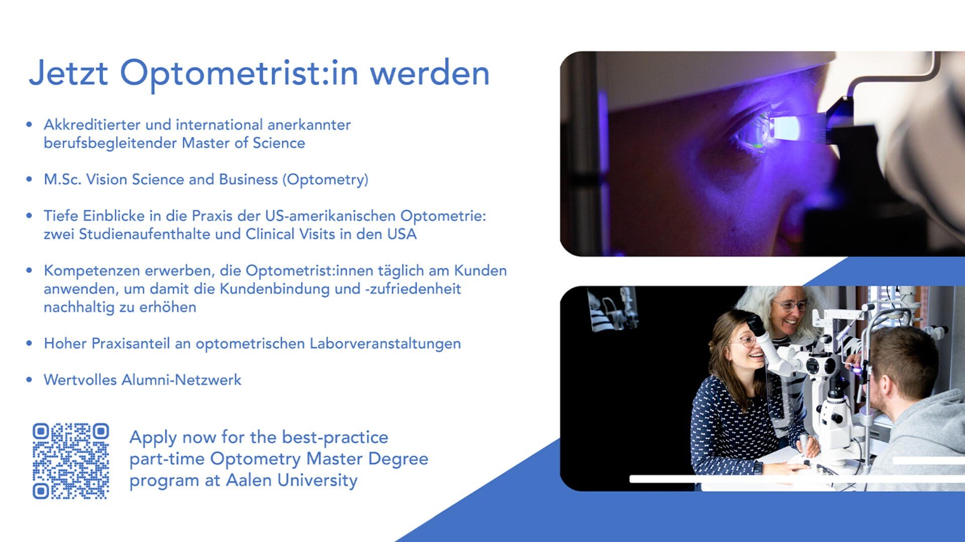 Ein Werbeflyer für den Masterstudiengang Optometrie der Hochschule Aalen mit Informationen zu Akkreditierung, internationaler Ausrichtung, Praxiserfahrungen und einem QR-Code. Die Bilder zeigen Personen bei der Nutzung optometrischer Geräte und einen Studierenden im Labor.