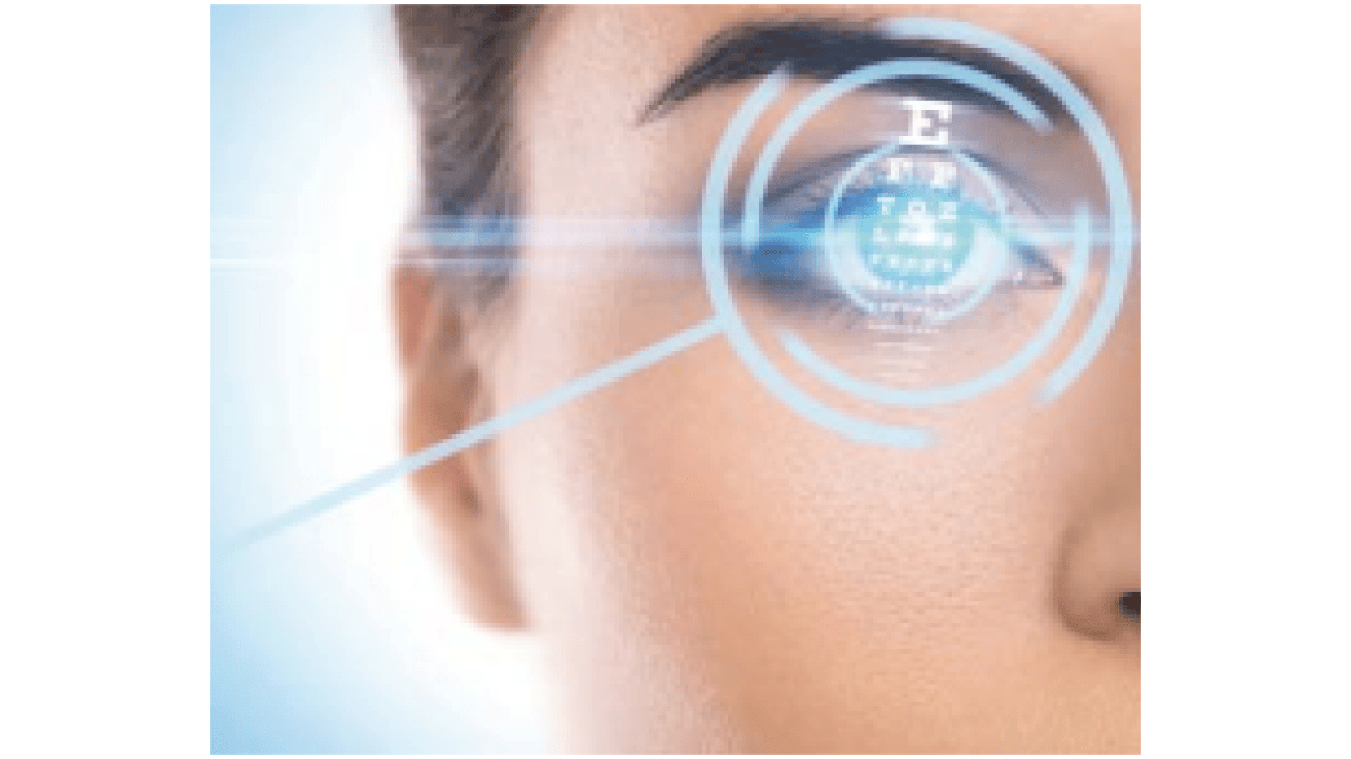 Close-up of a person’s eye with a digital interface overlay, including circles and an eye chart, suggesting advanced vision technology or an eye examination.