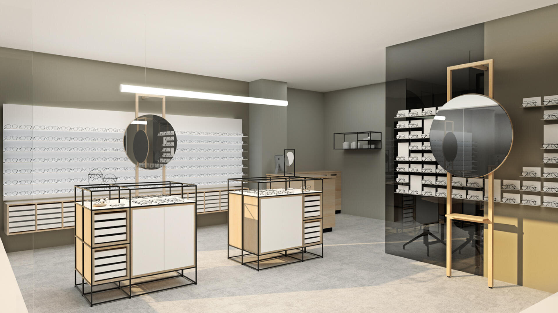 Modernes Brillengeschäft mit Schautischen, großen runden Spiegeln und mit Brillenregalen ausgekleideten Wänden. Der Raum ist gut beleuchtet, organisiert und weist minimalistische, zeitgenössische Designelemente auf.