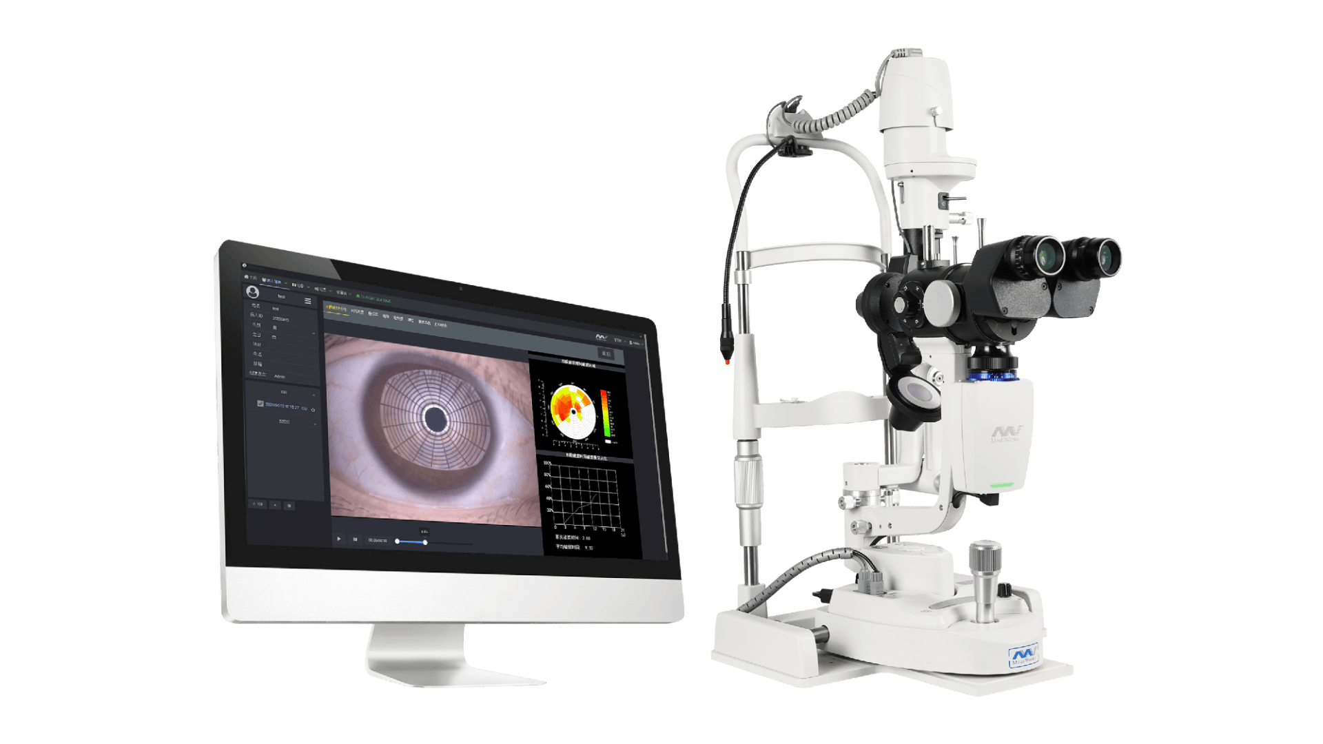 Neben einem weißen Spaltlampenmikroskop, das für Augenuntersuchungen verwendet wird, steht ein Desktop-Computer, der ein Nahaufnahmebild und Diagnosedaten eines Auges anzeigt.