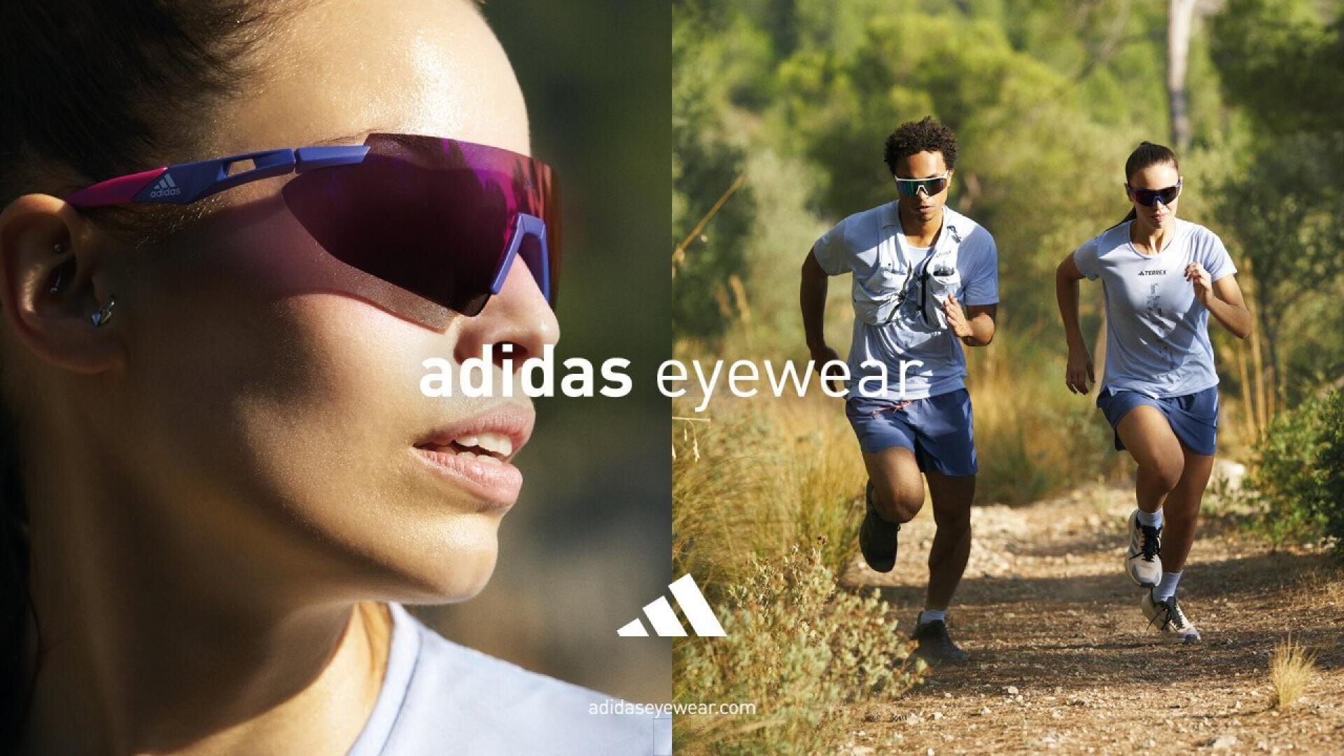 Close-up of a woman wearing sporty sunglasses on the left, and two people running outdoors in athletic wear on a trail on the right. The text “adidas eyewear” is centered over the image.