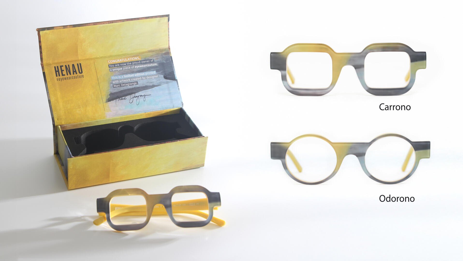 A pair of yellow and gray Henau eyeglasses in an open box on the left, with two eyeglass styles (Carrono, square, and Odorono, round) displayed to the right against a white background.