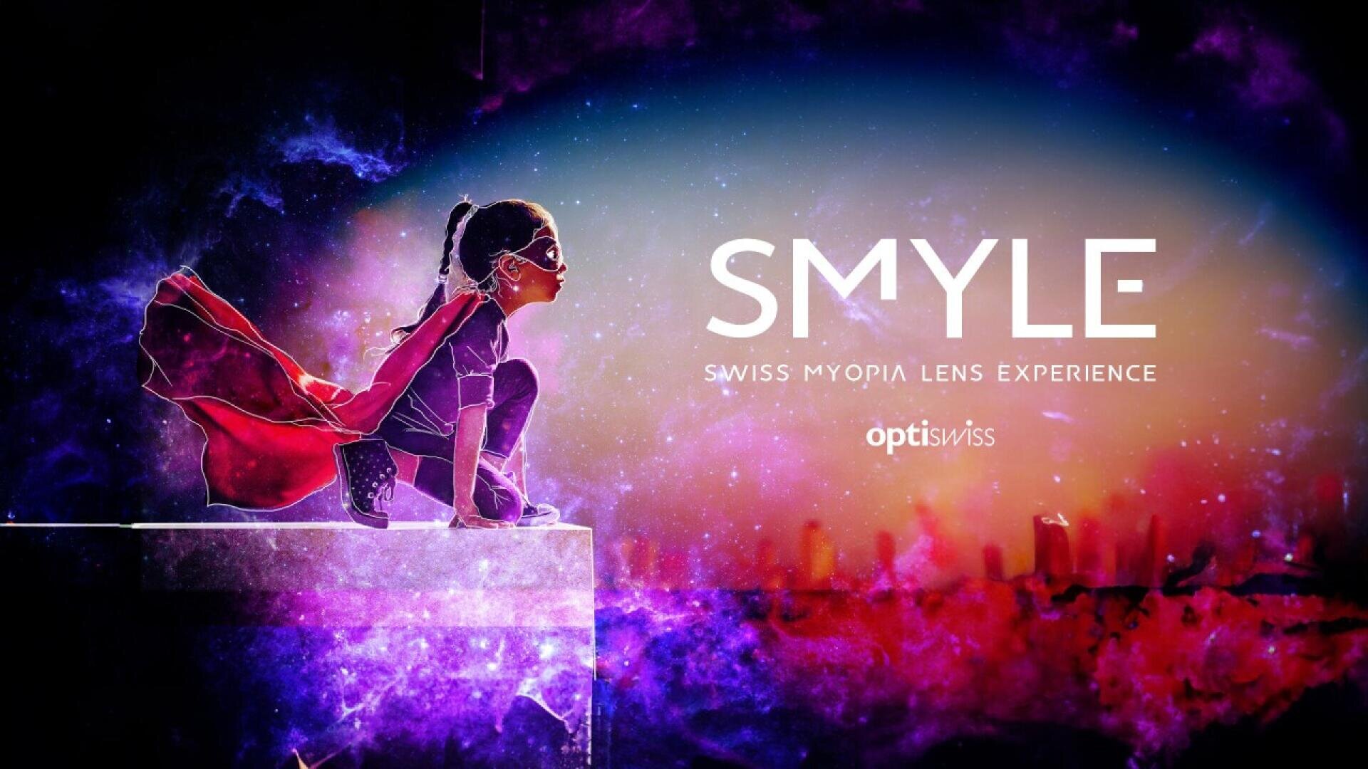 A child wearing a red cape and mask poses heroically on a ledge against a colorful, cosmic background, with the text SMYLE Swiss Myopia Lens Experience optiswiss to the right.