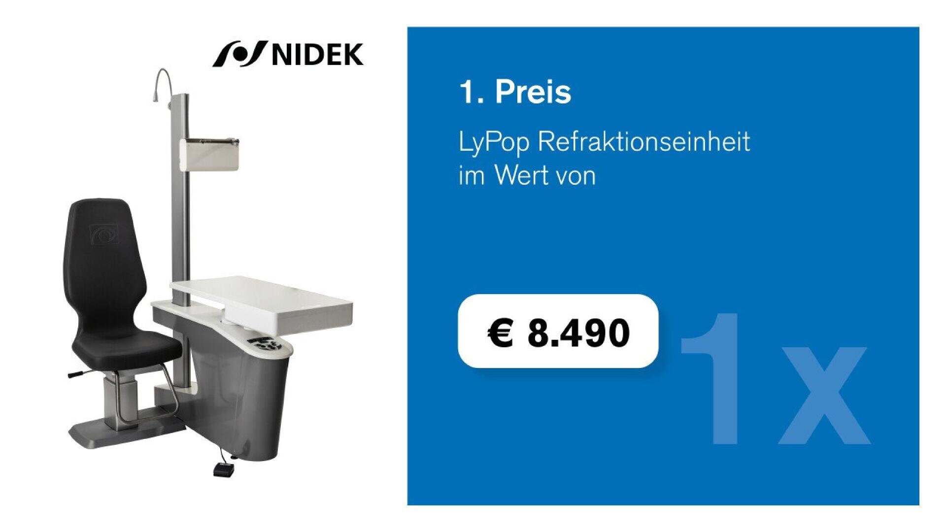 A Nidek refractive unit with a chair and desk is shown on the left. On the right, text reads: 1. Preis LyPop Refraktionseinheit im Wert von € 8.490 on a blue background, indicating a prize worth €8,490.
