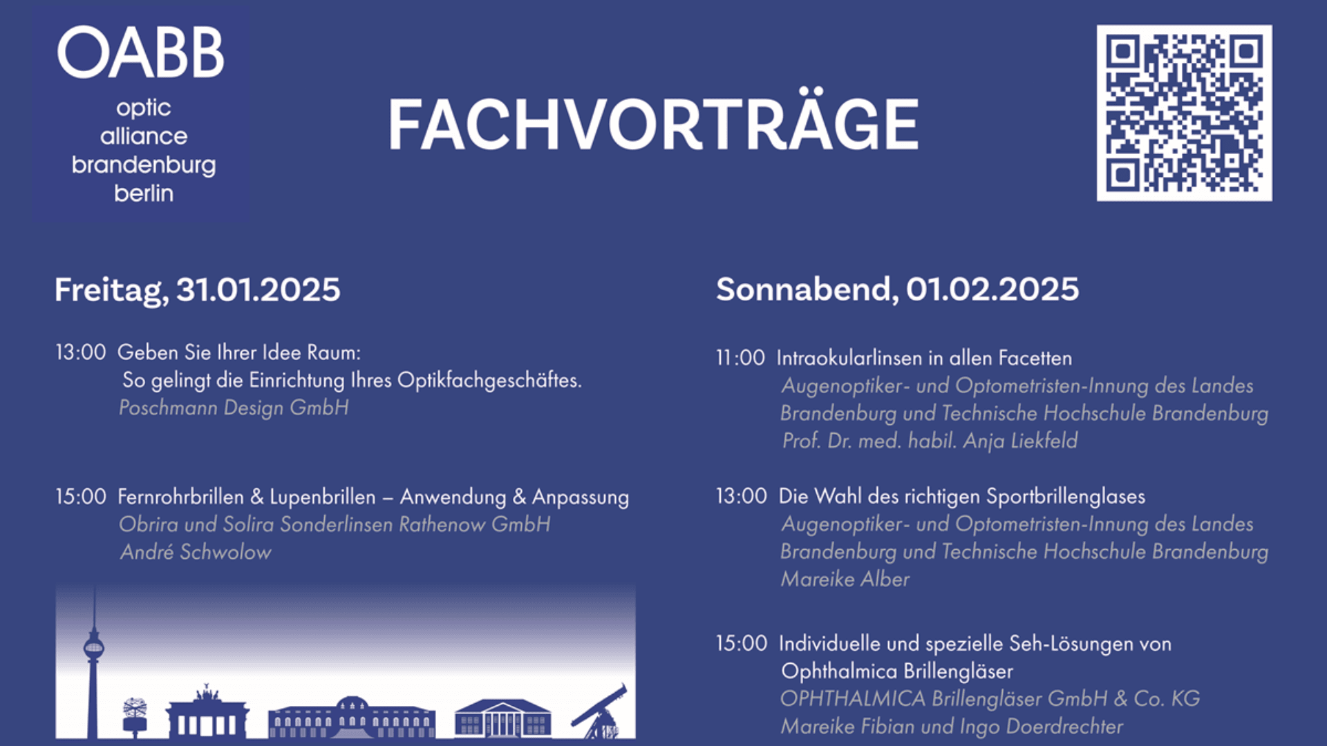 Ein Zeitplan für die OABB-Fachvorträge listet die Vorträge am 31.01.2025 und 01.02.2025 mit Uhrzeit, Themen und Referenten auf. Das Design enthält Berliner Wahrzeichen und einen QR-Code auf blauem Hintergrund.