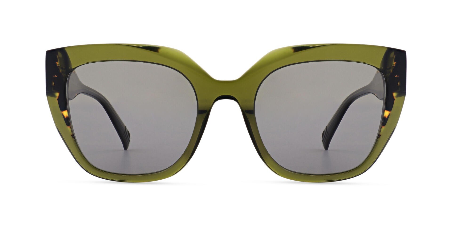 Olive green, oversized, square sunglasses with thick frames and dark tinted lenses, from the front against a white background.