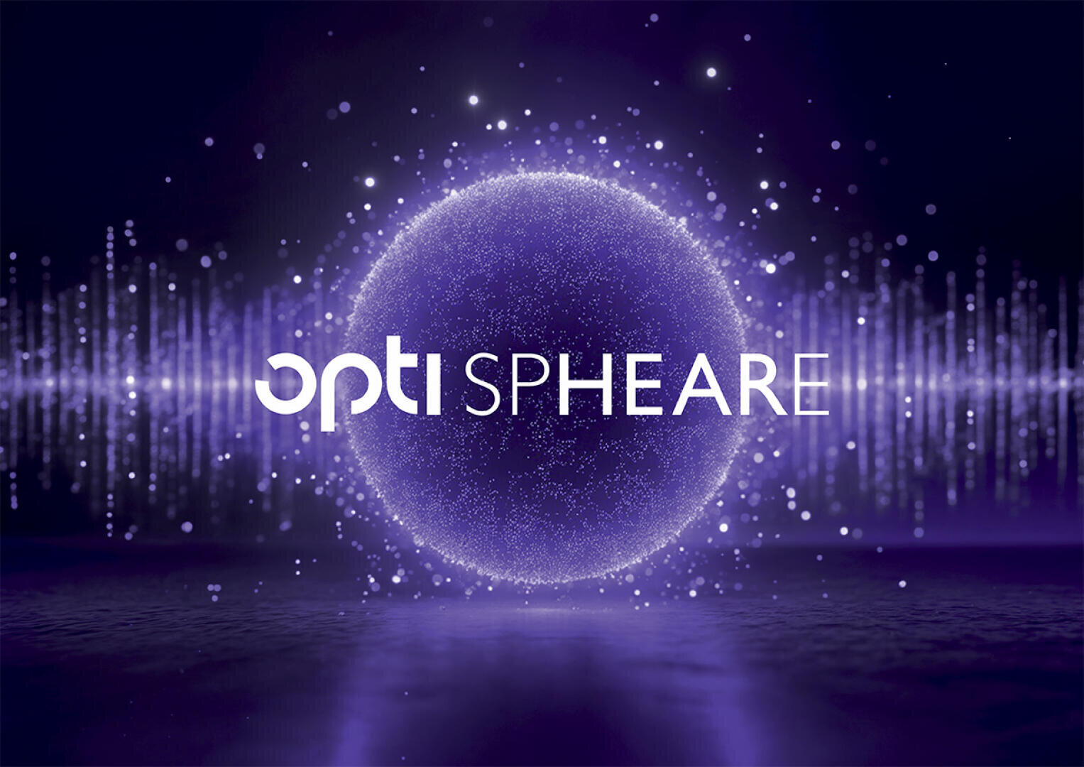 A glowing, purple sphere with a sparkling texture is centered on a dark background, surrounded by light waves. The text opti SPHEARE is overlaid in white across the sphere.