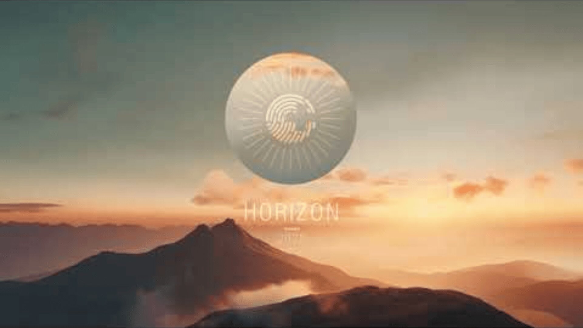 Berglandschaft bei Sonnenaufgang mit weichen Wolken und warmem Licht. Ein kreisförmiges Logo mit Strahlen und einem Fingerabdruck-Design befindet sich zentriert über den Wörtern „HORIZON“ und „2022“ in weißer Schrift.