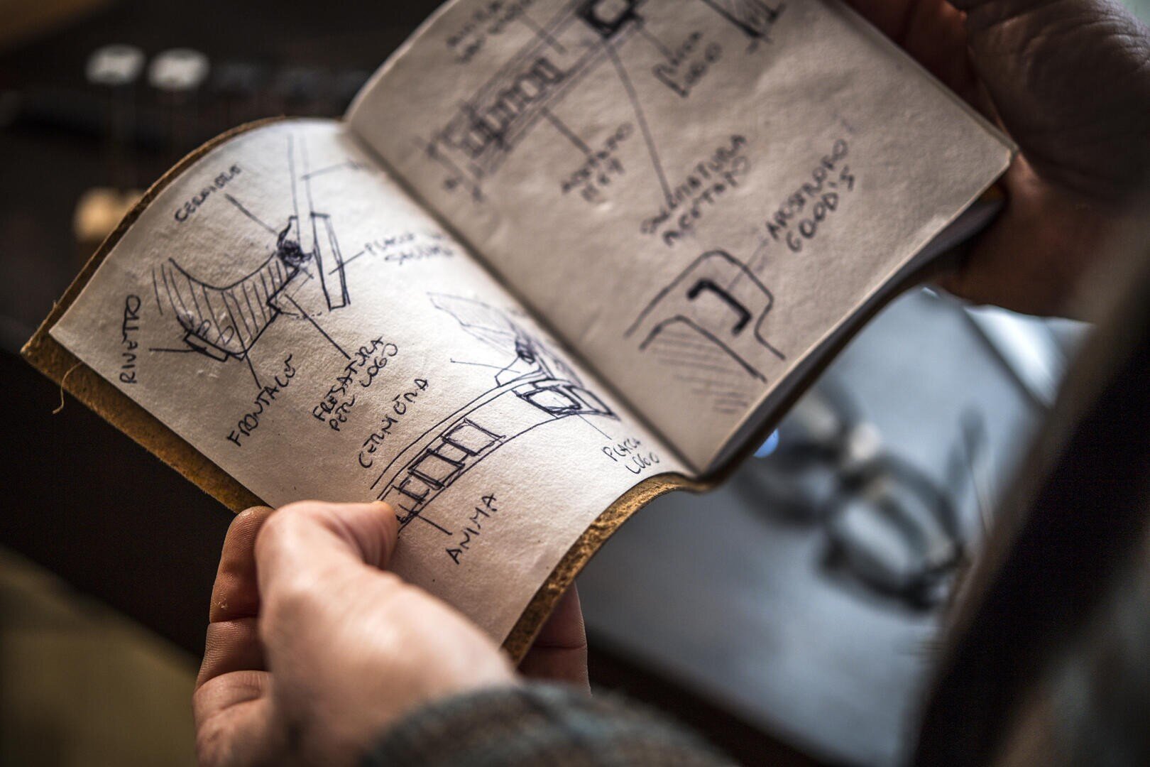 One person holds an open notebook with hand-drawn diagrams, sketches and notes in Spanish, including labeled sections and rough architectural or design plans.