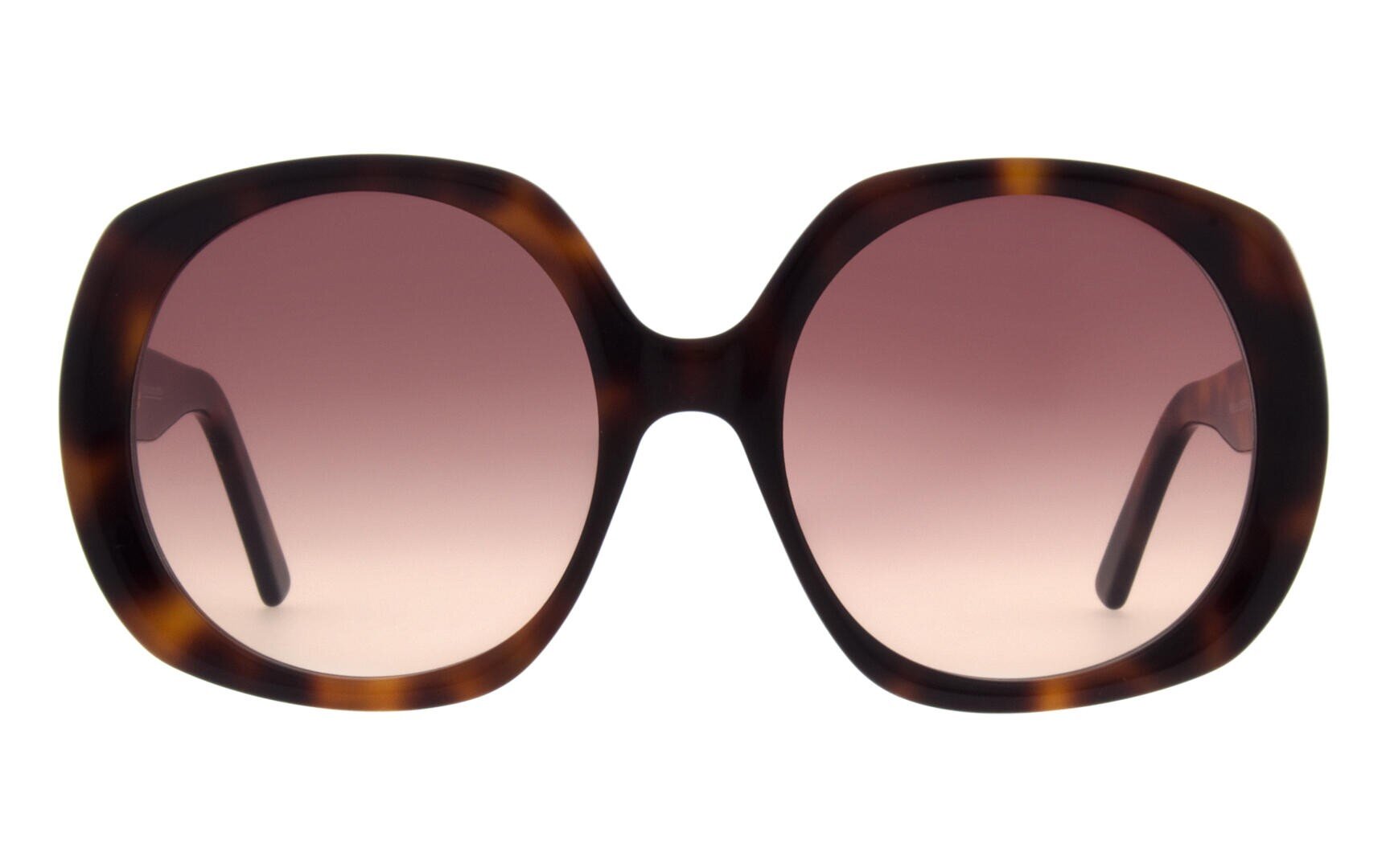 Übergroße Sonnenbrille mit braunem Schildpattrahmen und großen, runden, braunen Verlaufsgläsern, von vorne gesehen auf weißem Hintergrund.