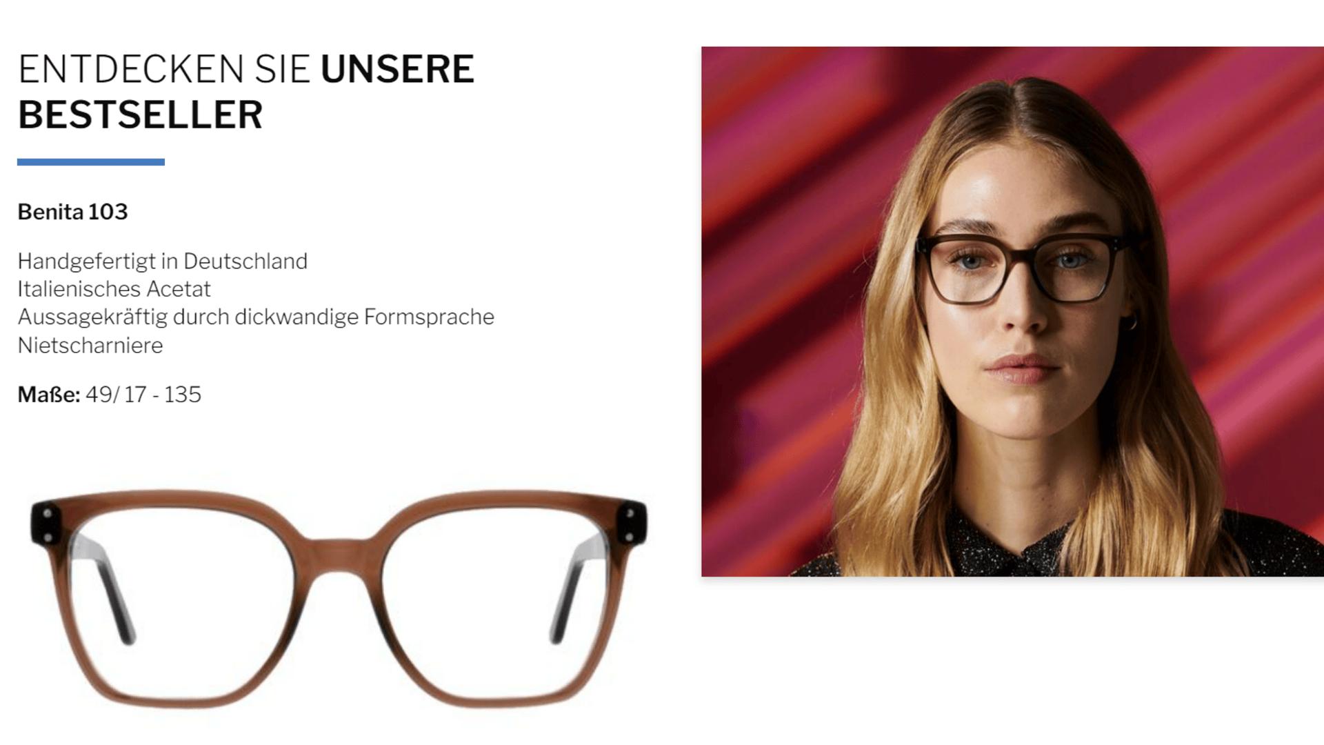 A woman with long blonde hair wears brown rectangular eyeglasses and a black top. Below, a close-up of the same glasses is shown. German text describes the bestselling, handcrafted eyewear.