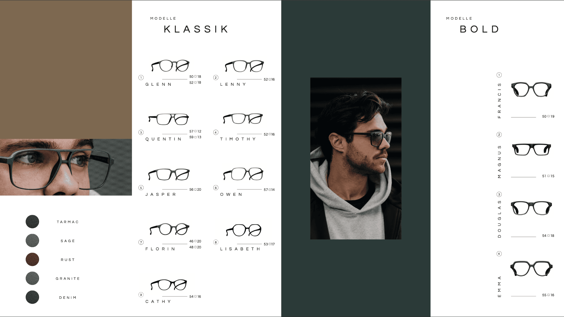A catalog page displaying two eyeglass collections, “Klassik” and “Bold,” with illustrated frames, prices, and a central photo of a man wearing glasses. Color swatches appear on the left side.