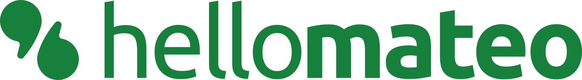 Grünes Hellomateo-Textlogo mit zwei überlappenden grünen Kreisen und einer diagonalen Linie auf der linken Seite, die einer stilisierten abstrakten Figur oder Blättern ähnelt.