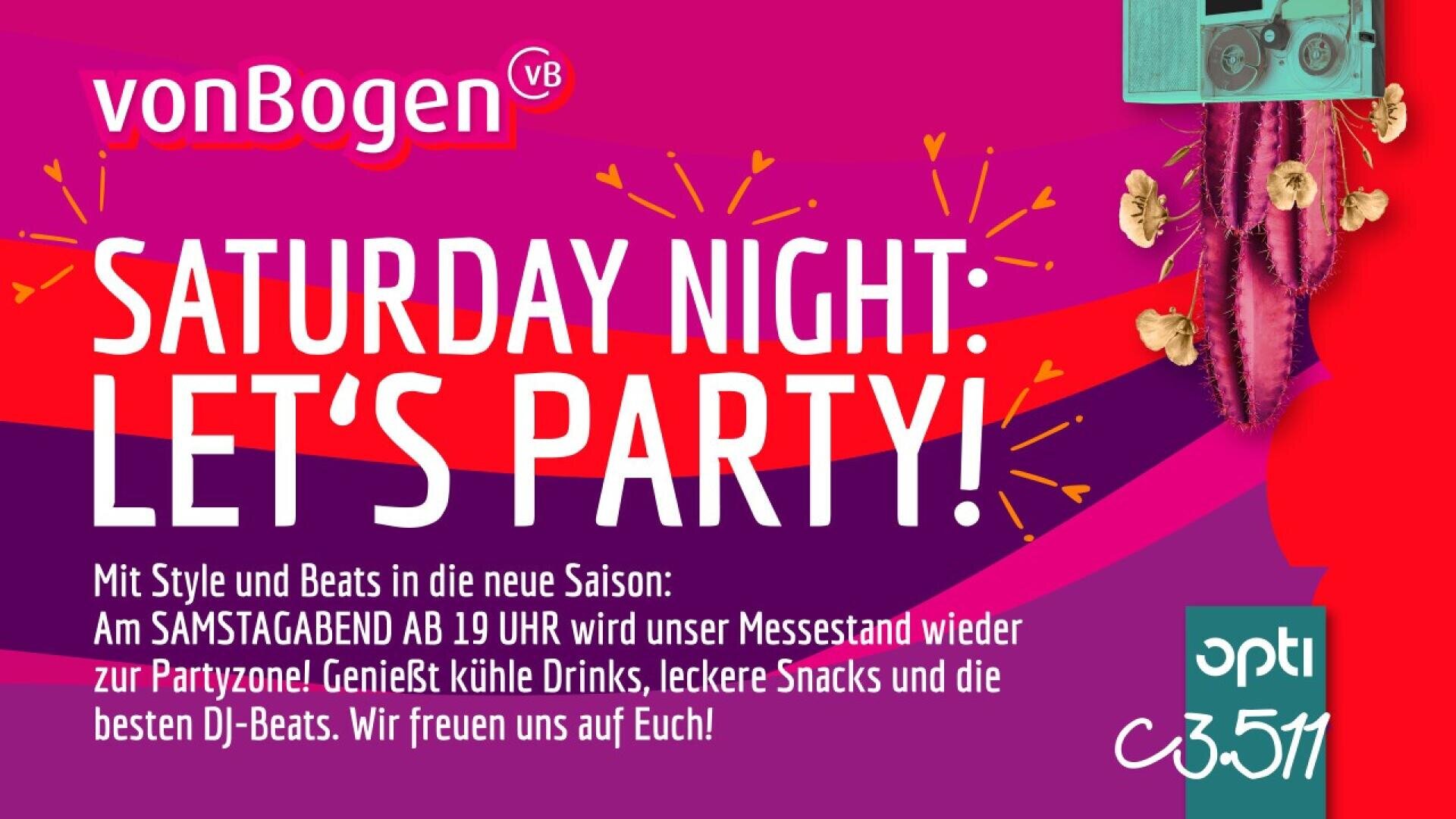 Colorful event flyer with vonBogen and Saturday Night: Let’s Party! in bold text. Details below invite guests to a party with drinks, snacks, and DJ beats at 19:00. Cacti and a retro camera decorate the design.