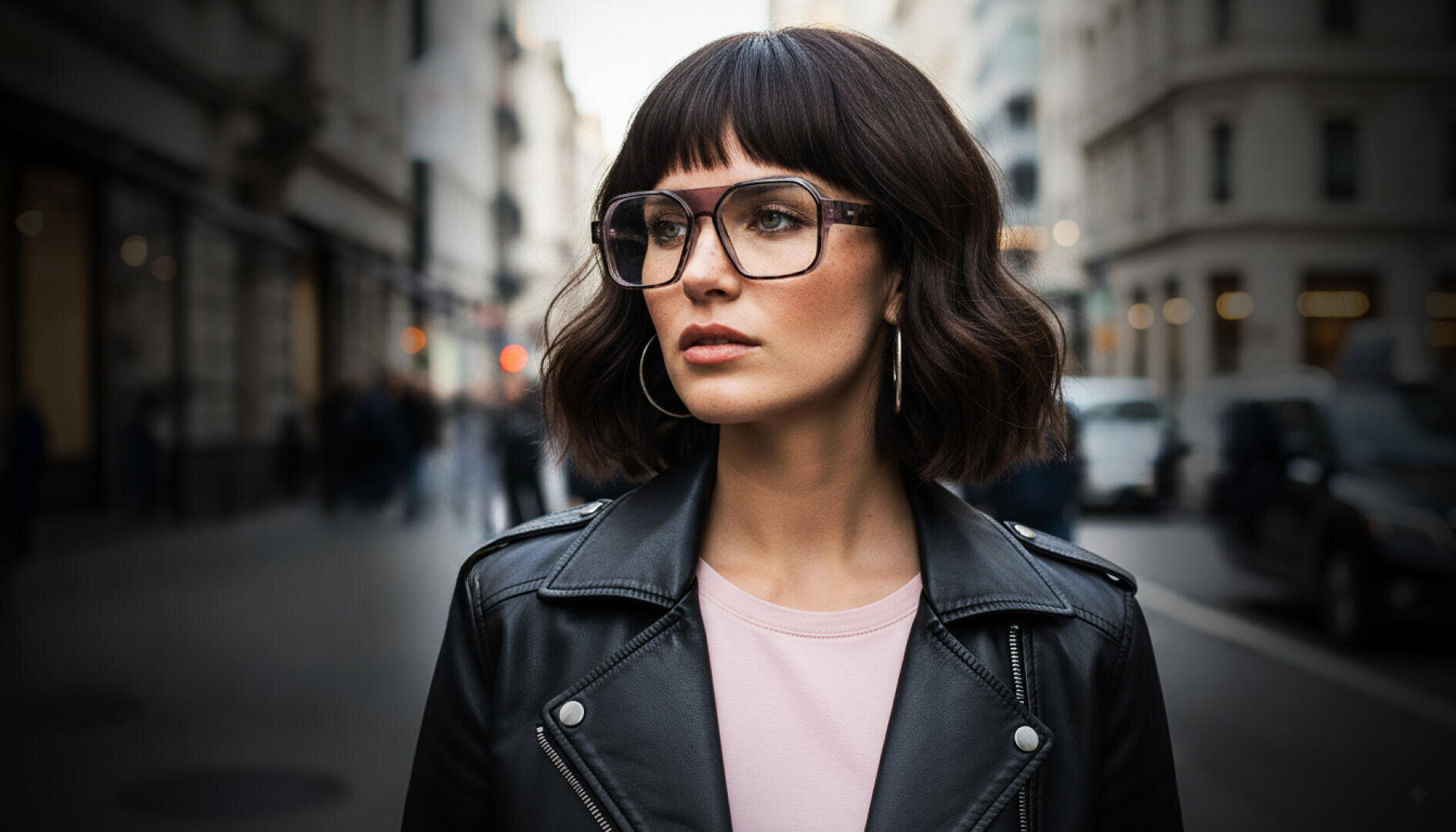 A woman with shoulder-length dark hair, wearing large glasses, a black leather jacket and a light pink shirt, stands on a city street with buildings and blurred pedestrians in the background.