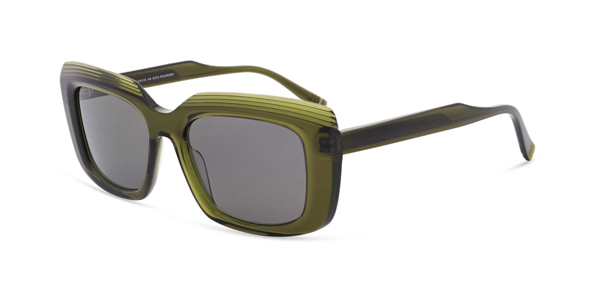Olive green oversized square sunglasses with a thick, layered frame and dark tinted lenses set at a slight angle on a white background.