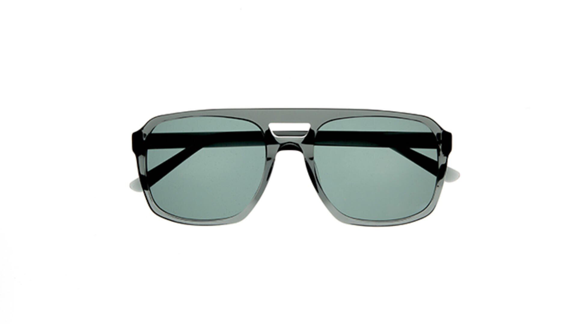 A pair of rectangular, dark-lensed sunglasses with a black metal frame, shown on a white background.