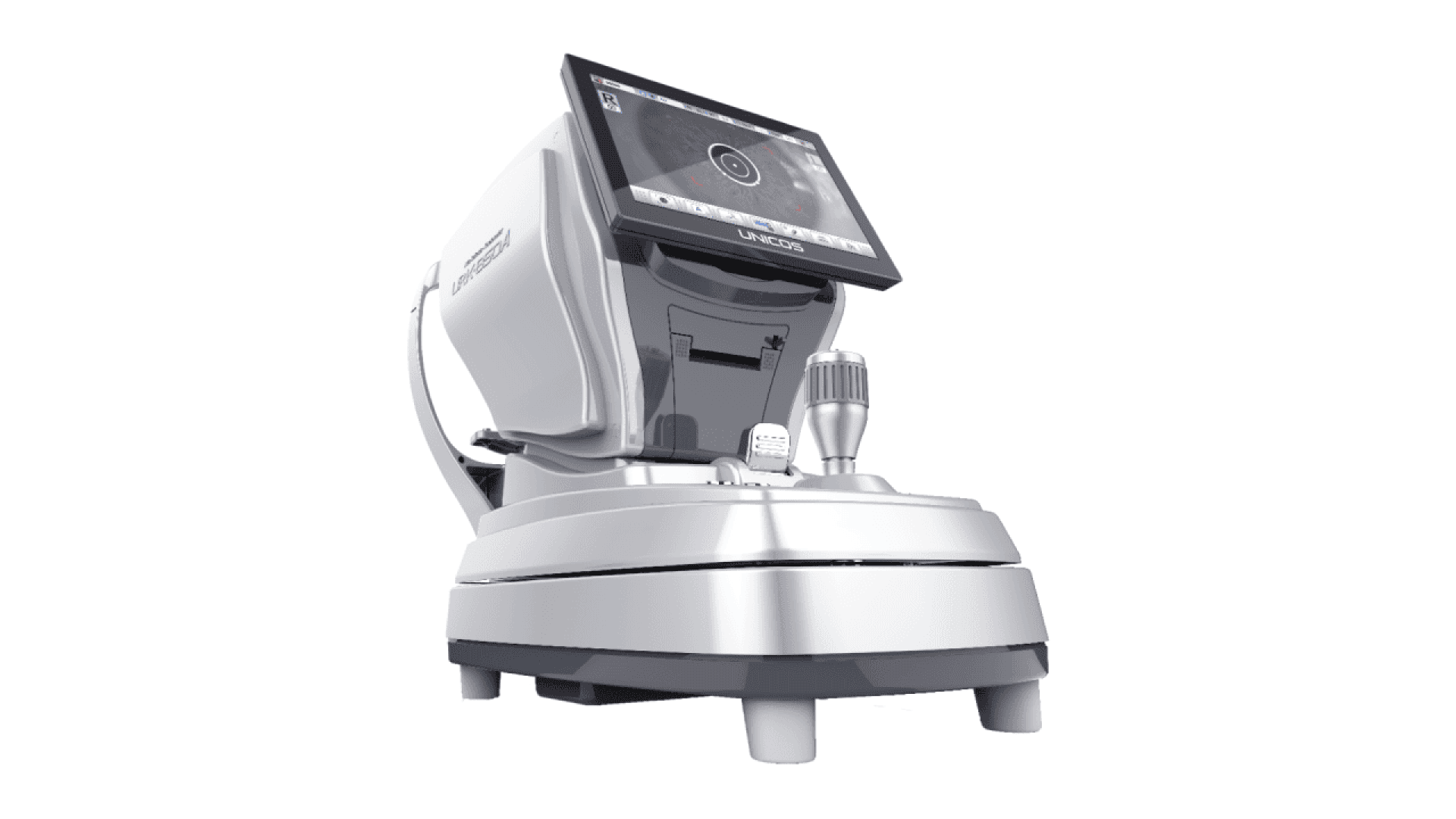 A modern ophthalmic diagnostic device with a touchscreen display and control knob, used for eye examinations, shown isolated on a white background.
