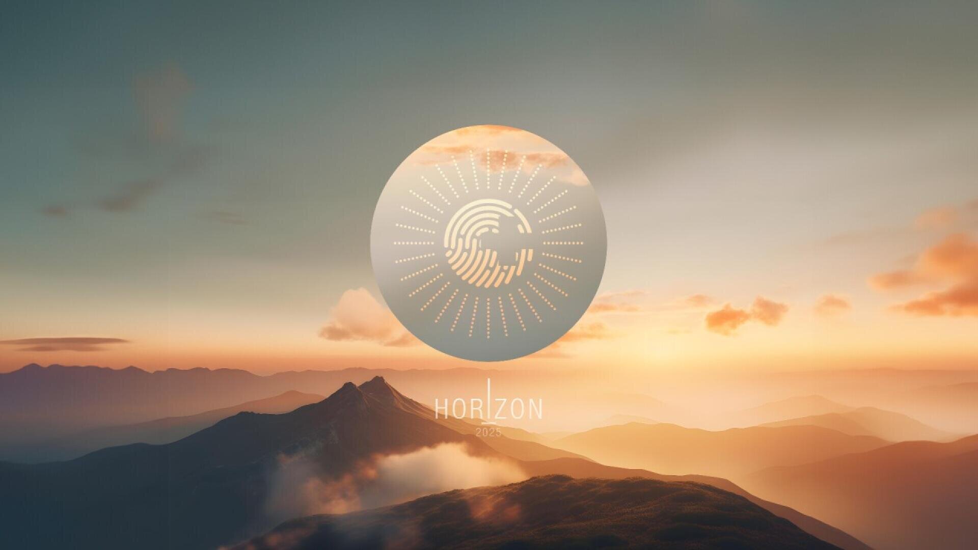 A sunrise over mountain peaks with a circular digital fingerprint symbol and radiating lines in the sky. Below the symbol, text reads “HORIZON 2023.” The scene is bathed in warm, soft light.