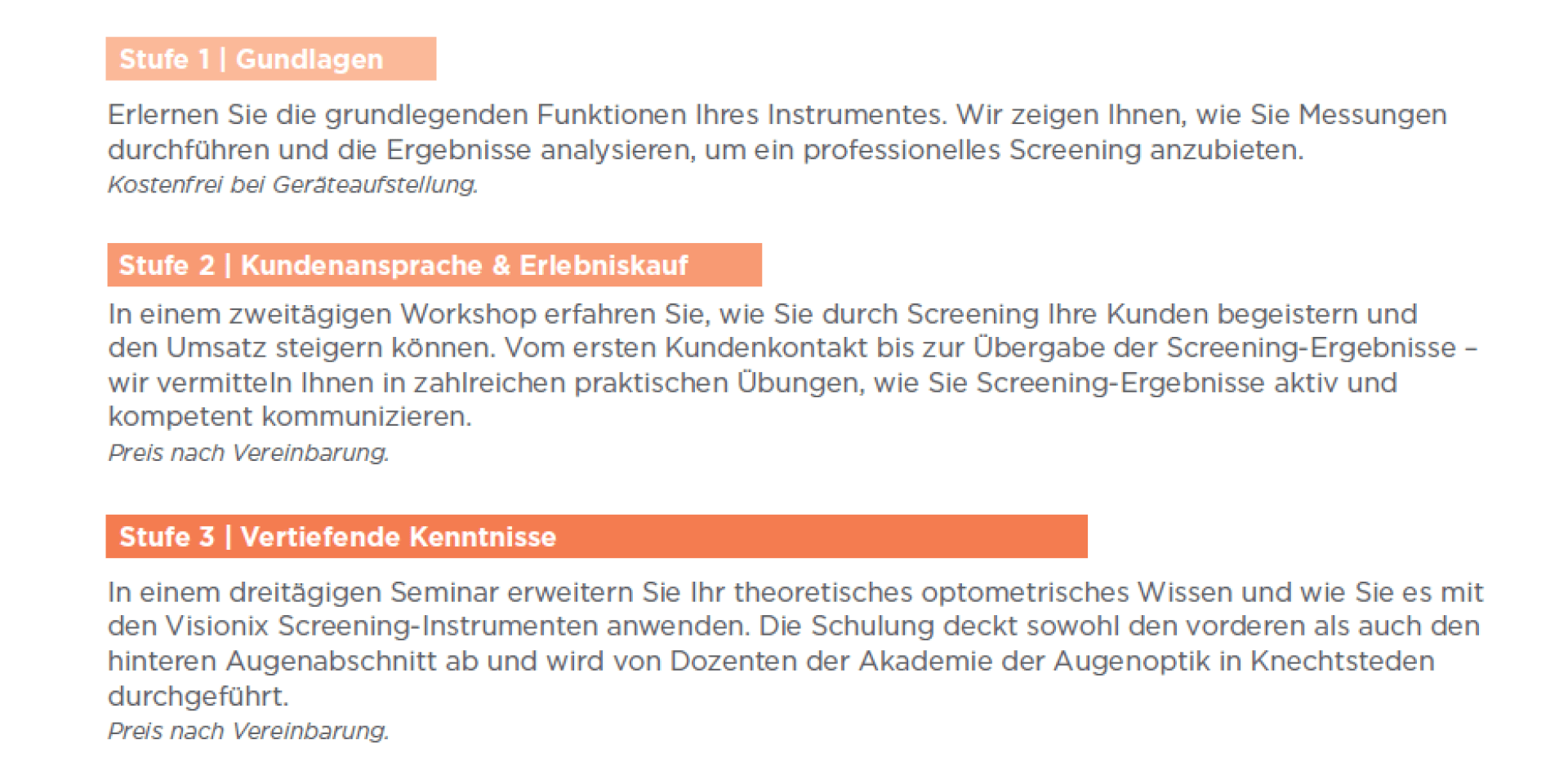 Eine deutsche Informationsgrafik mit drei hervorgehobenen Abschnitten beschreibt die einzelnen Phasen eines Instrumententrainingsprogramms: Grundlagen, Kundenkommunikation und -erfahrung sowie fortgeschrittene Kenntnisse. Jeder Abschnitt enthält detaillierte Informationen zu Inhalt, Dauer und Preisen.