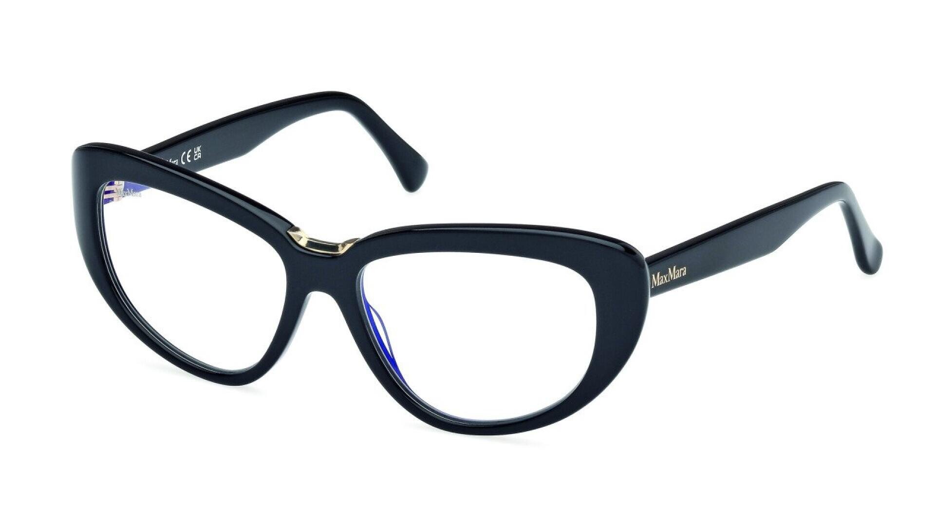 A pair of stylish black cat-eye eyeglasses with clear lenses, featuring gold accents on the hinges and the MaxMara logo on the temple.