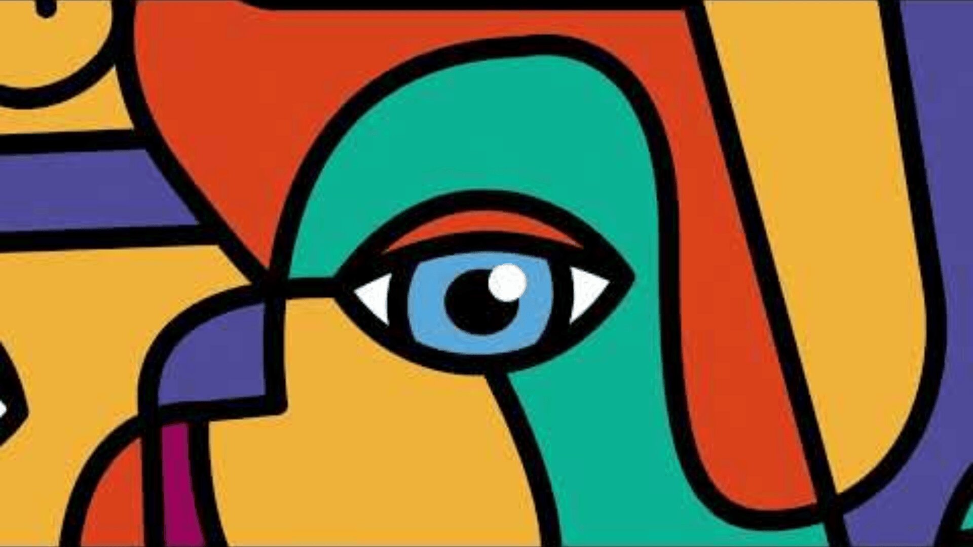 Abstraktes Kunstbild mit einem stilisierten menschlichen Gesicht mit kräftigen schwarzen Umrissen und leuchtenden Farben wie Orange, Blau, Grün, Lila und Gelb. Der Fokus liegt auf einem einzelnen blauen Auge, wobei geometrische Formen die Komposition ausfüllen.