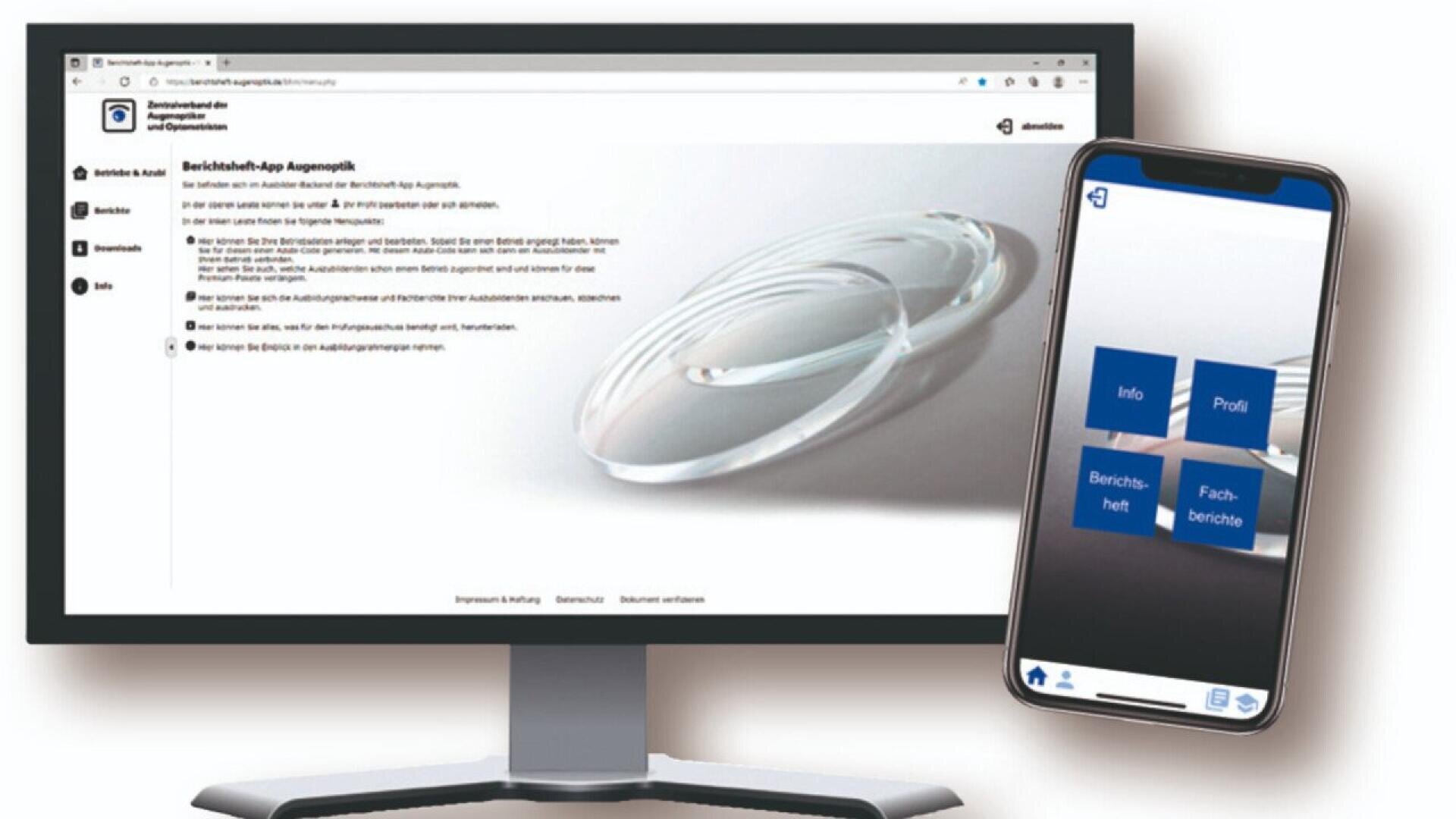 A computer monitor displays a website with text and a coiled cable image, while a smartphone in front shows an app interface with buttons labeled Info, Profil, Berichtsheft, and Fachberichte.