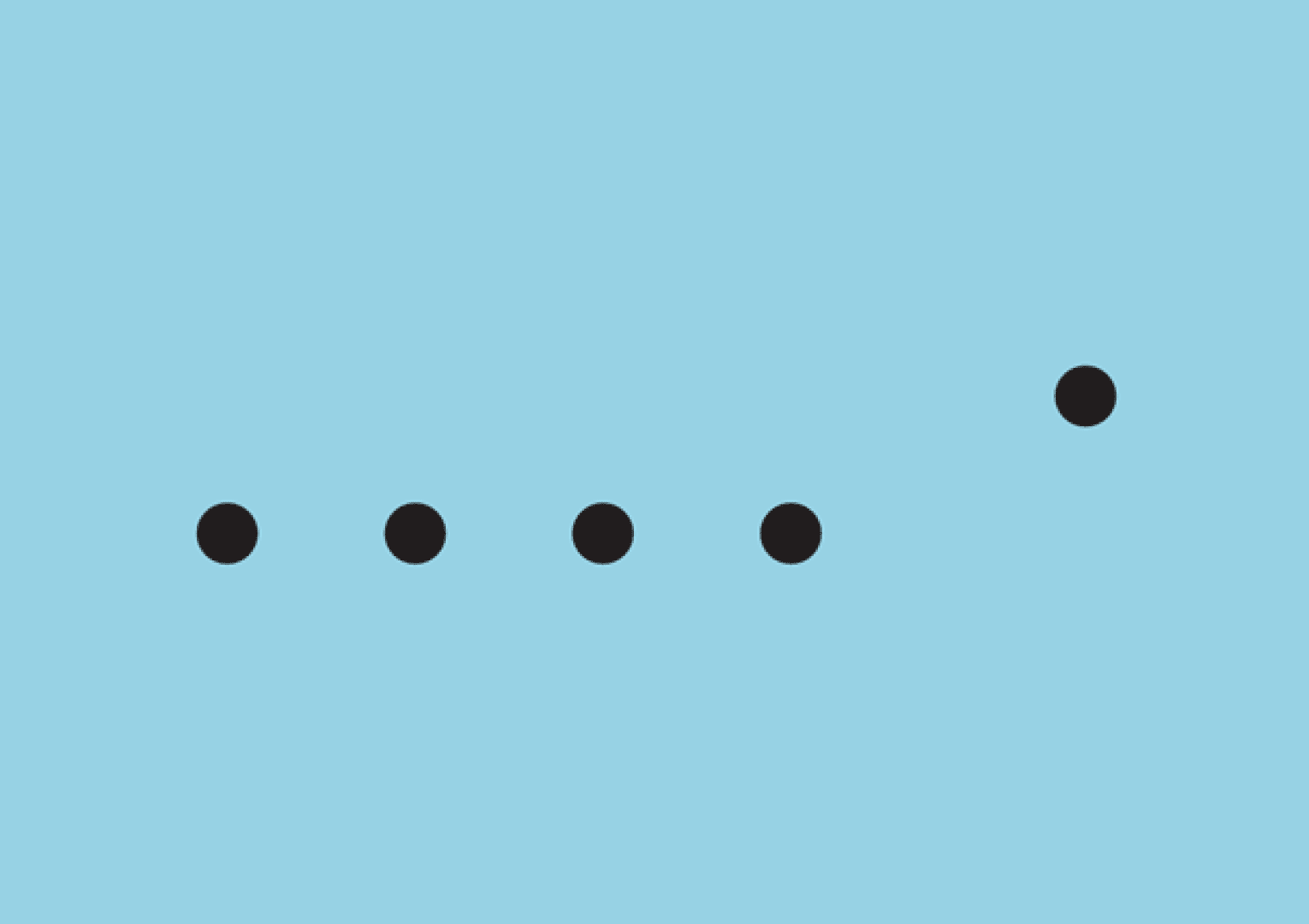 Vier schwarze Punkte in einer horizontalen Reihe mit einem fünften Punkt, der höher und rechts angeordnet ist, alles auf hellblauem Hintergrund.