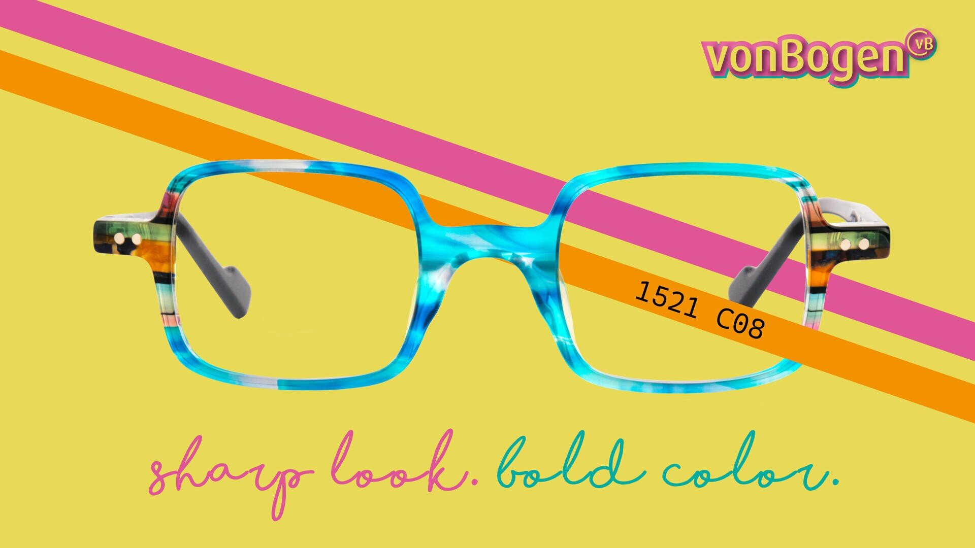 Leuchtend blaue und orangefarbene rechteckige Brillenfassungen auf gelbem Hintergrund mit diagonalen rosa und orangefarbenen Streifen und dem Text „vonBogen“, „1521 C08“ und „scharfer Look. kräftige Farbe.“.