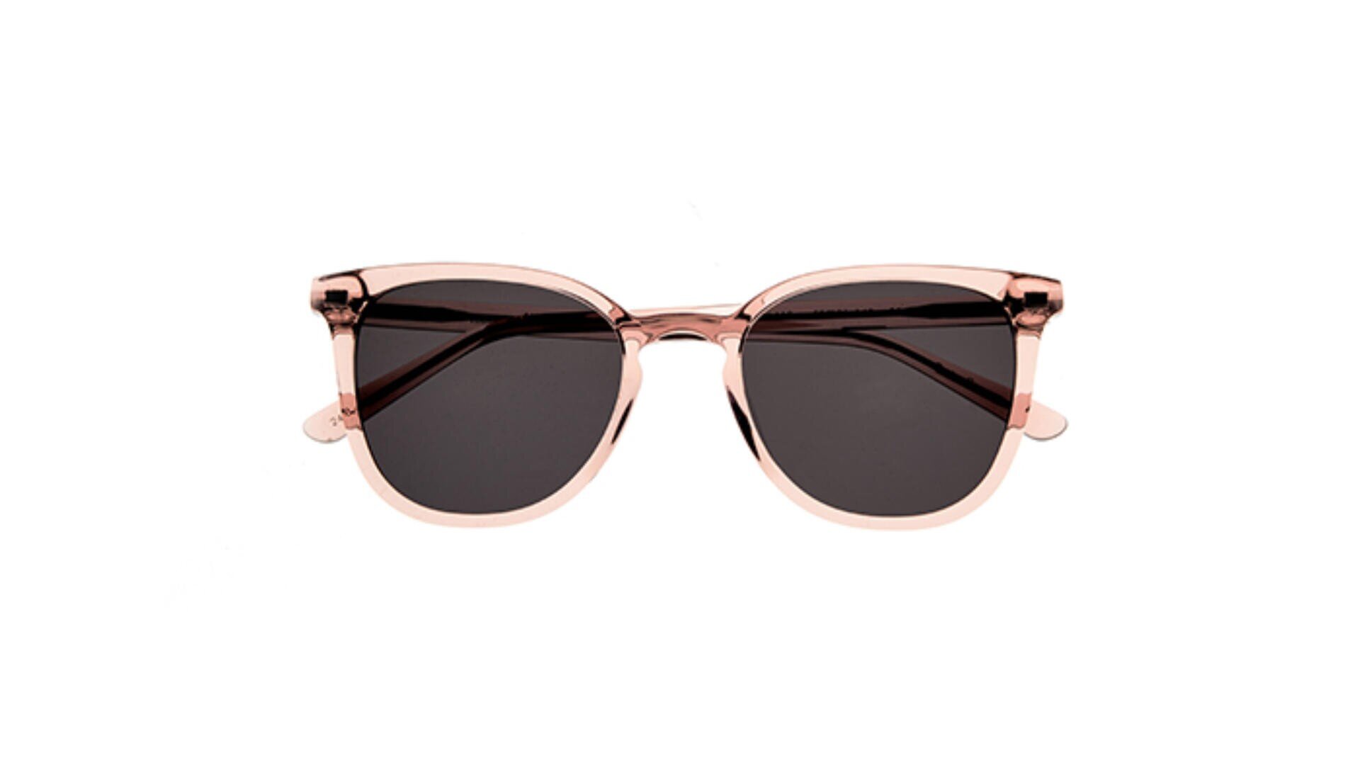 A pair of sunglasses with rose gold frames and dark tinted lenses, shown facing forward on a white background.