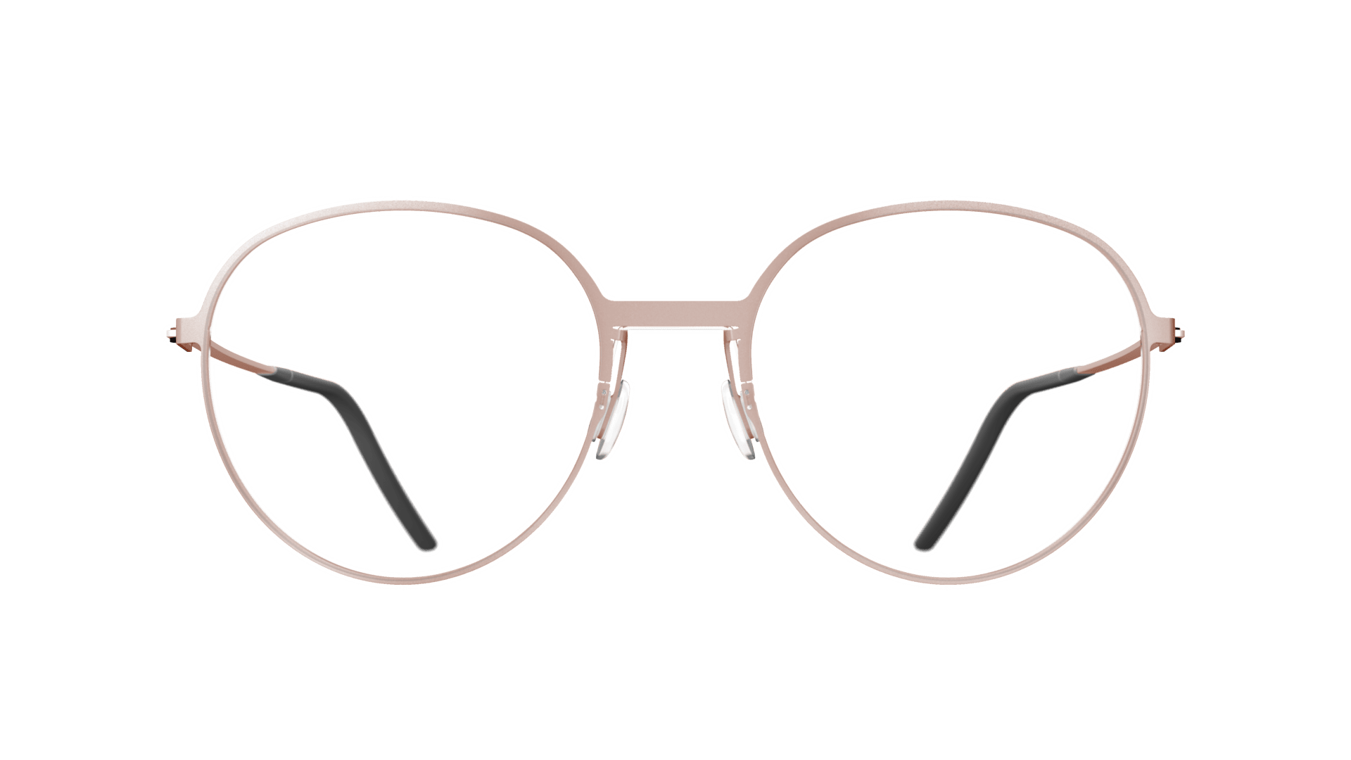 A pair of round, thin-framed eyeglasses with light pink metal frames and black temple tips, shown on a transparent background.