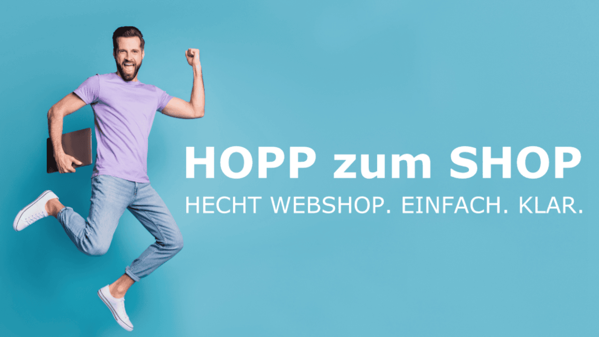 A smiling man in a purple shirt jumps in the air holding a laptop. Next to him, bold white text reads: HOPP zum SHOP and below, HECHT WEBSHOP. EINFACH. KLAR. on a blue background.