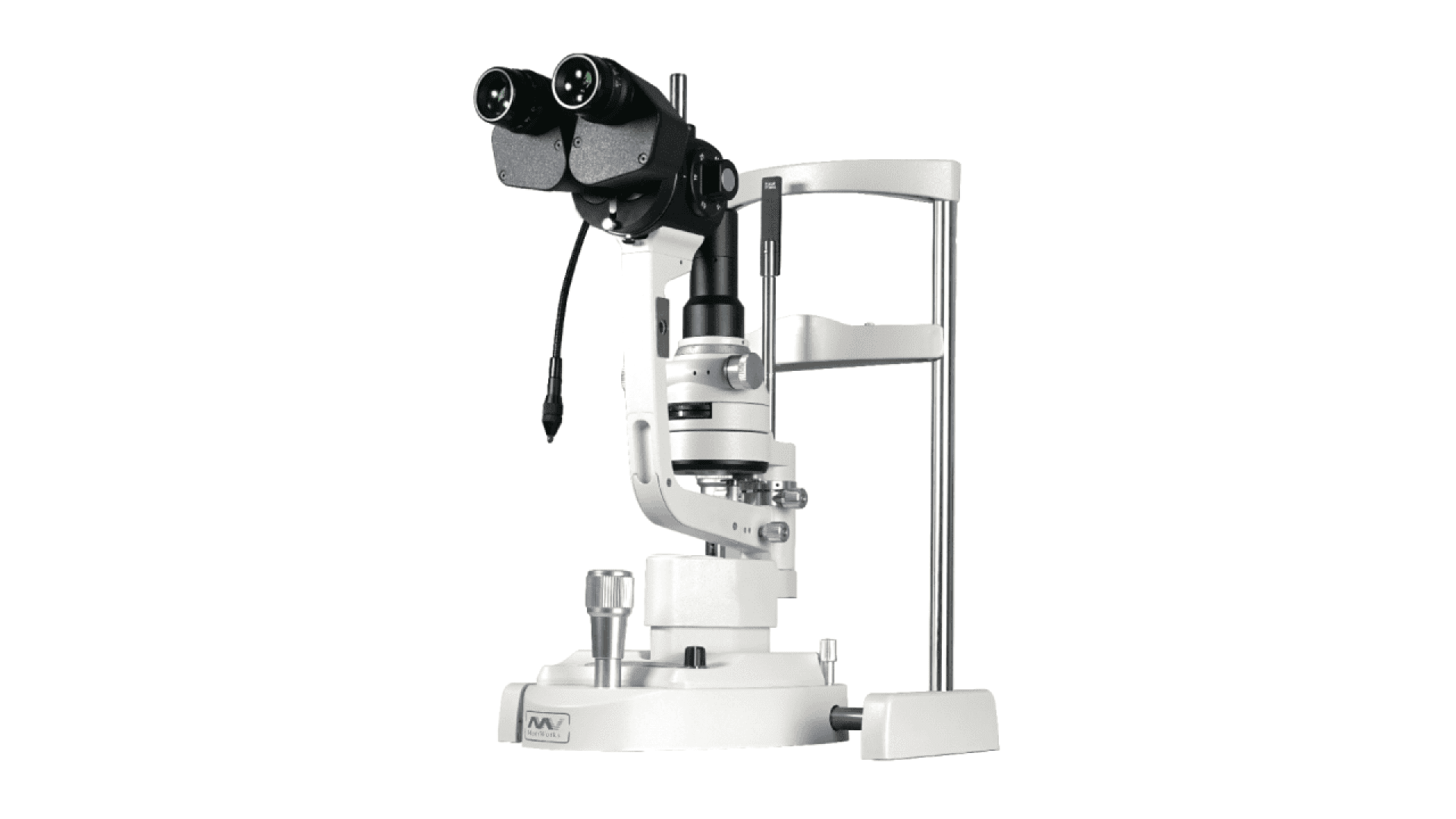 A slit lamp biomicroscope with dual eyepieces and adjustable chin rest, used for eye examinations, is shown on a white background.