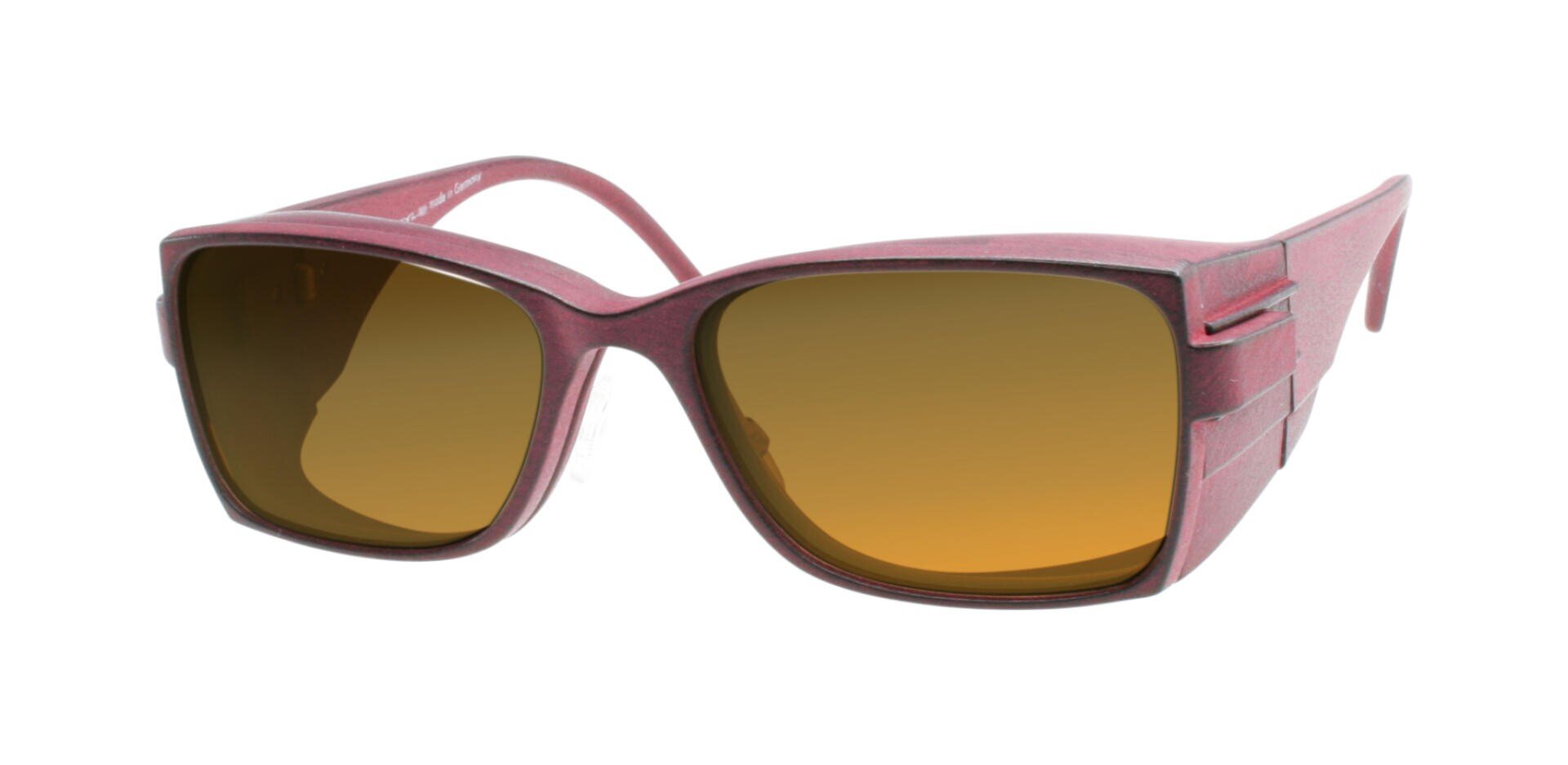 Red side protection sunglasses with a square frame and brown lenses, featuring a unique angular design on the temples on a white background.