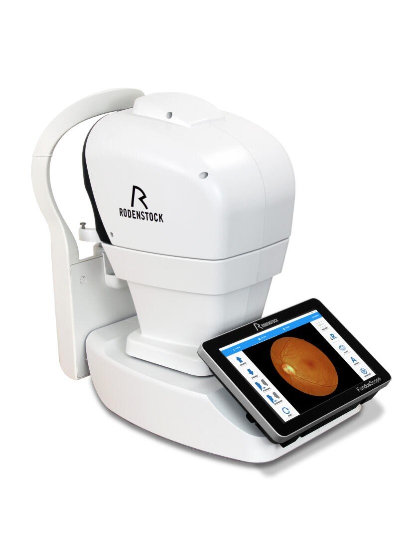 Ein weißes Augenuntersuchungsgerät von Rodenstock mit einem digitalen Touchscreen, der ein detailliertes Netzhautbild anzeigt und zur Augendiagnostik und zum Netzhautscan verwendet wird.