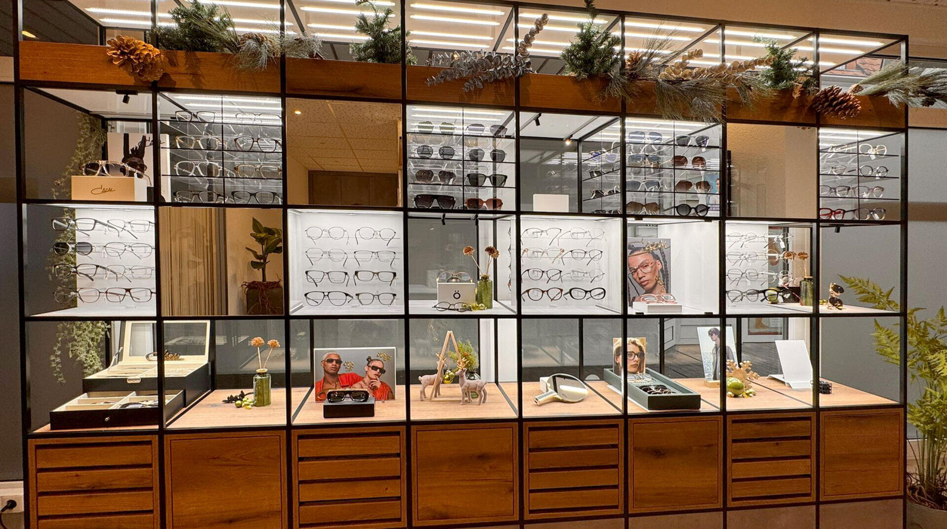 Eine Ausstellungswand in einem Brillengeschäft mit ordentlich angeordneten Brillen und Sonnenbrillen in Glasregalen, mit dekorativen Pflanzen und Werbefotos zwischen den Rahmen.