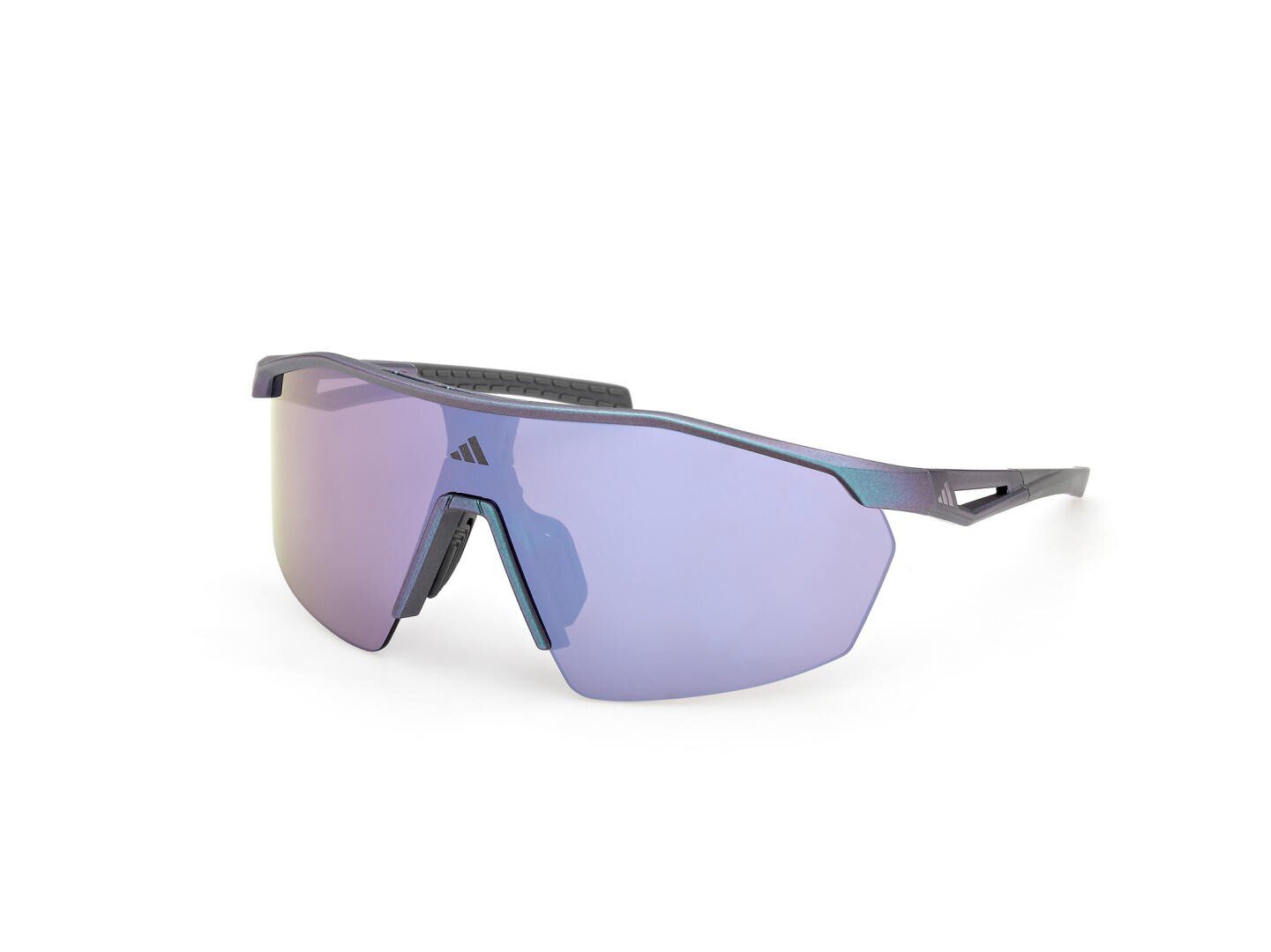 Modern, sporty sunglasses with a single, purple-tinted lens, a black frame and a discreet logo on the side of the lens set against a white background.
