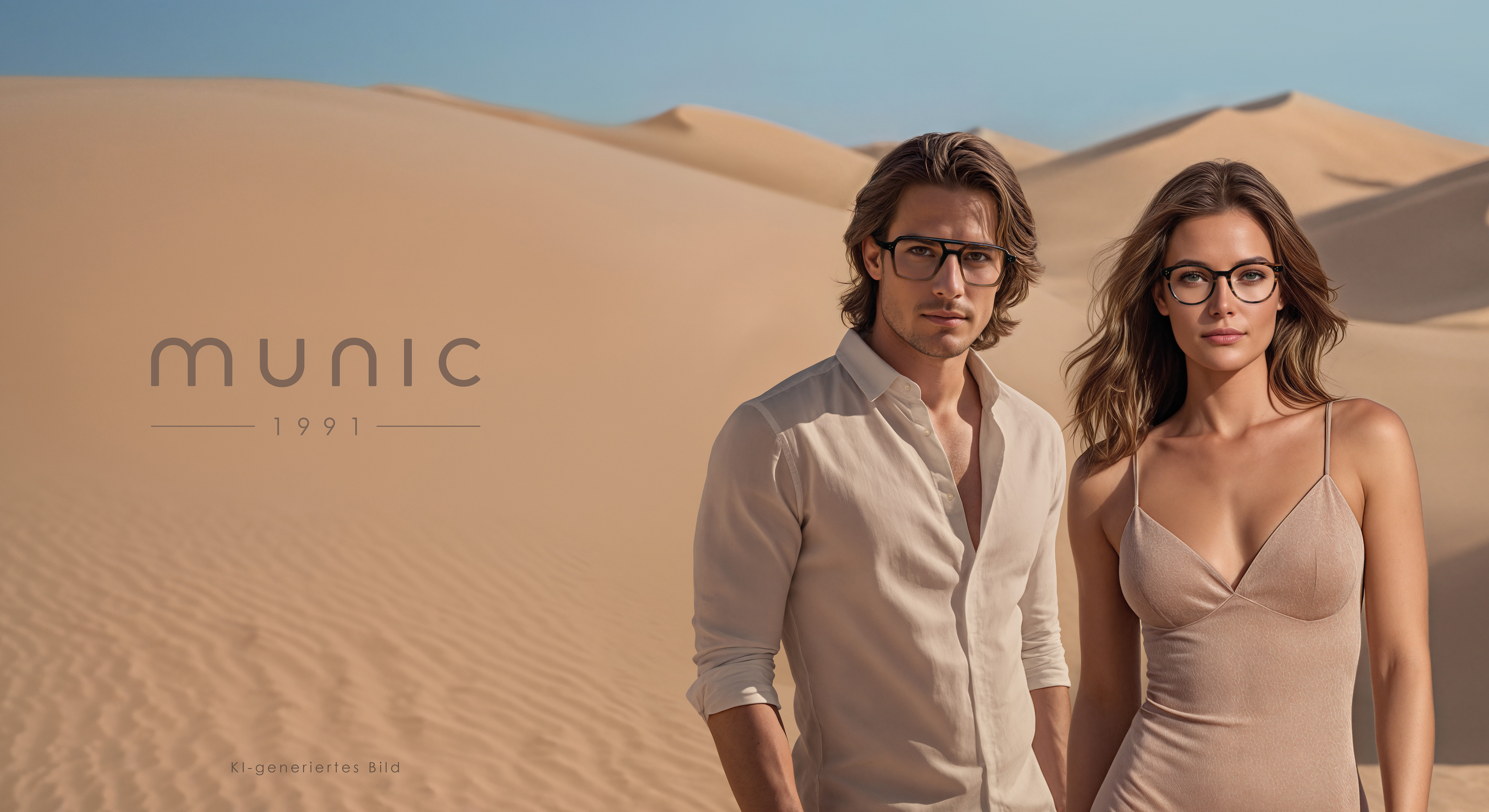 Ein Mann und eine Frau mit Brille und heller Kleidung stehen in einer sonnigen W&uuml;ste mit Sandd&uuml;nen im Hintergrund. Links ist der Text MUNIC 1991 zu sehen.