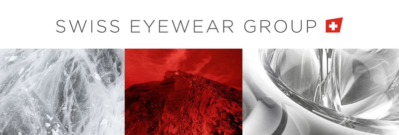 Banner mit dem Text SWISS EYEWEAR GROUP und einem roten Schweizer Flaggensymbol &uuml;ber drei abstrakten Bildern: eisige Muster, ein rot gef&auml;rbter Berg und geschwungene reflektierende Fl&auml;chen.