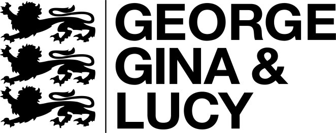Black text with the inscription GEORGE GINA & LUCY in bold capital letters, with three black lions stacked vertically on the left side and separated from the text by a thin vertical line, all on a white background.