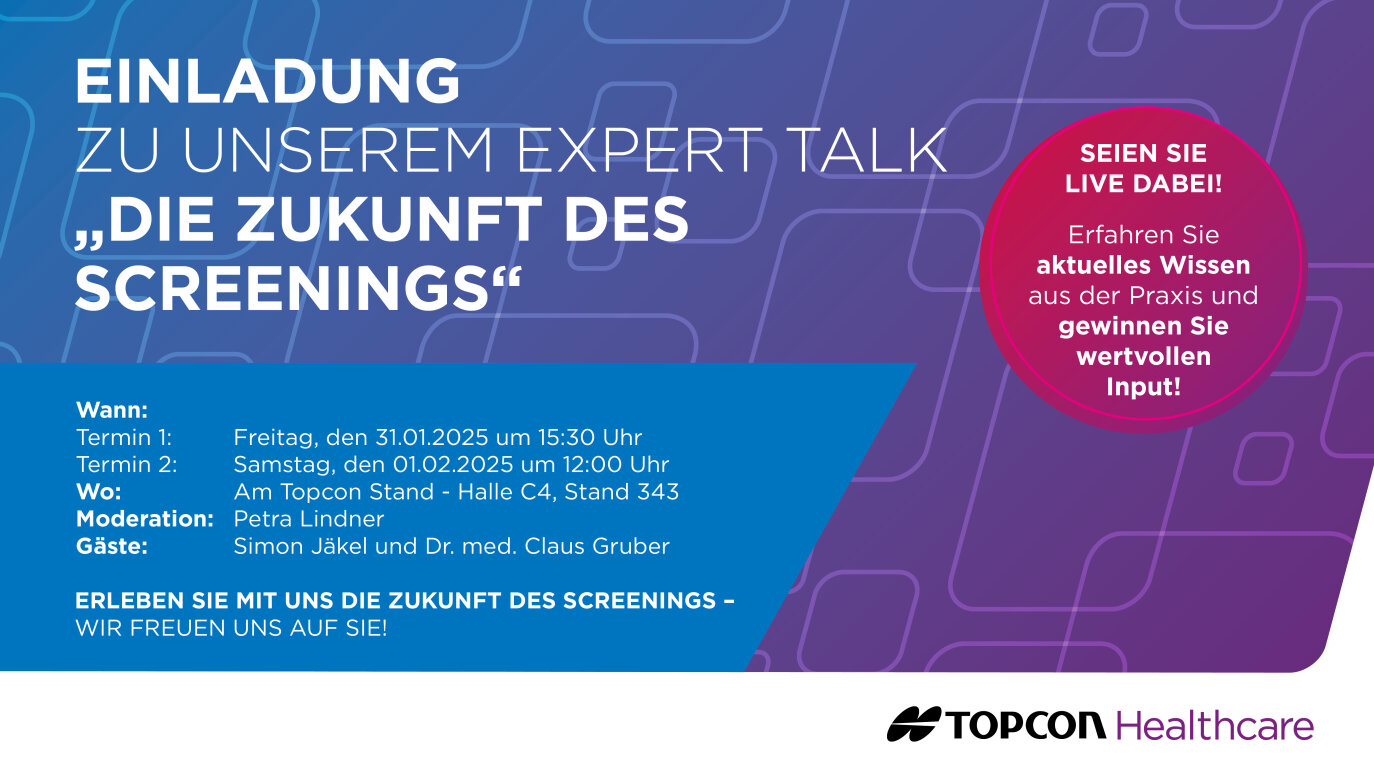 Einladungsflyer zum Expertenvortrag „Die Zukunft des Screenings“ mit Veranstaltungsdetails, Referenten und einem rosa Kreis, der die Chance auf Gewinne und Praxiswissen markiert. Topcon Healthcare-Logo unten rechts.
