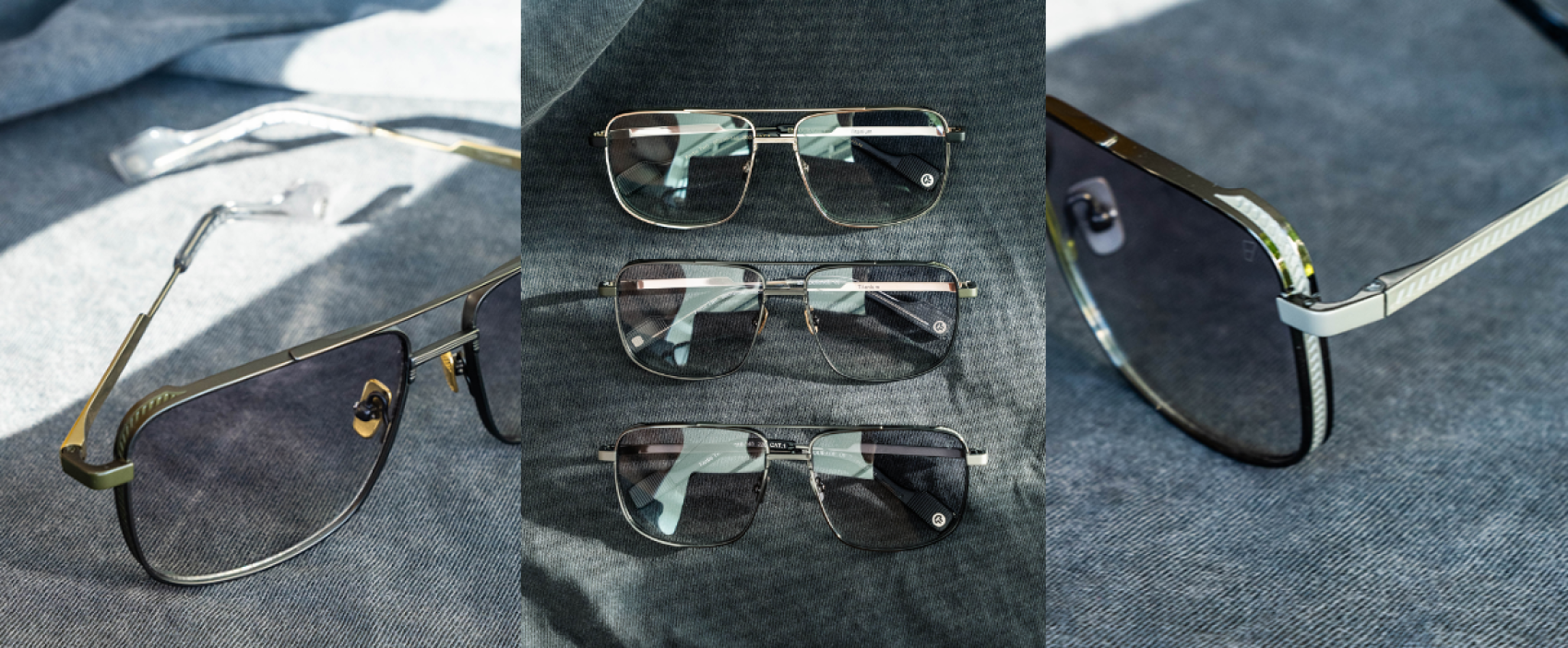 A collage featuring five pairs of metal-framed eyeglasses and sunglasses with tinted lenses, arranged on a gray fabric surface in different angles with sunlight highlighting the frames.