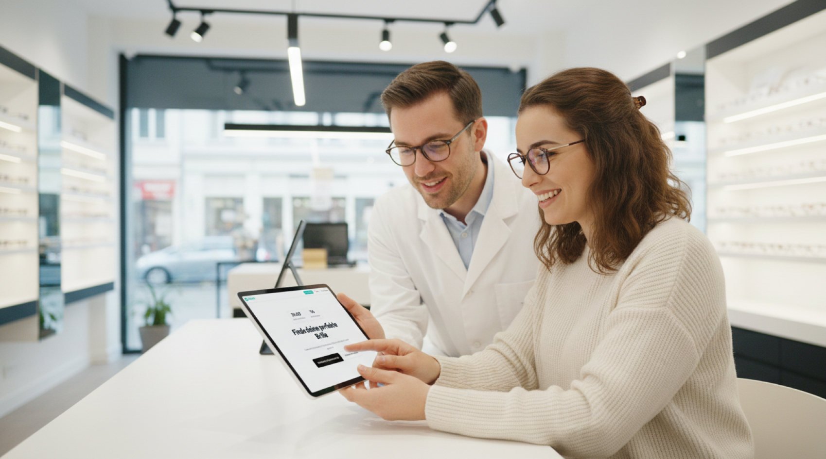 Eine lächelnde Frau und ein Optiker prüfen gemeinsam Informationen auf einem digitalen Tablet in einem modernen Optikergeschäft, während im Hintergrund Brillengestelle in Regalen ausgestellt sind.